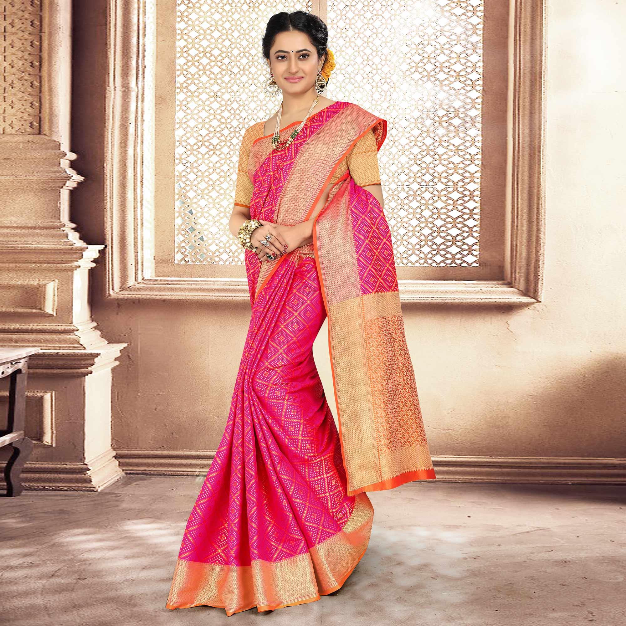 Alluring Pink Colored Festive Wear Woven Banarasi Silk Saree - Peachmode