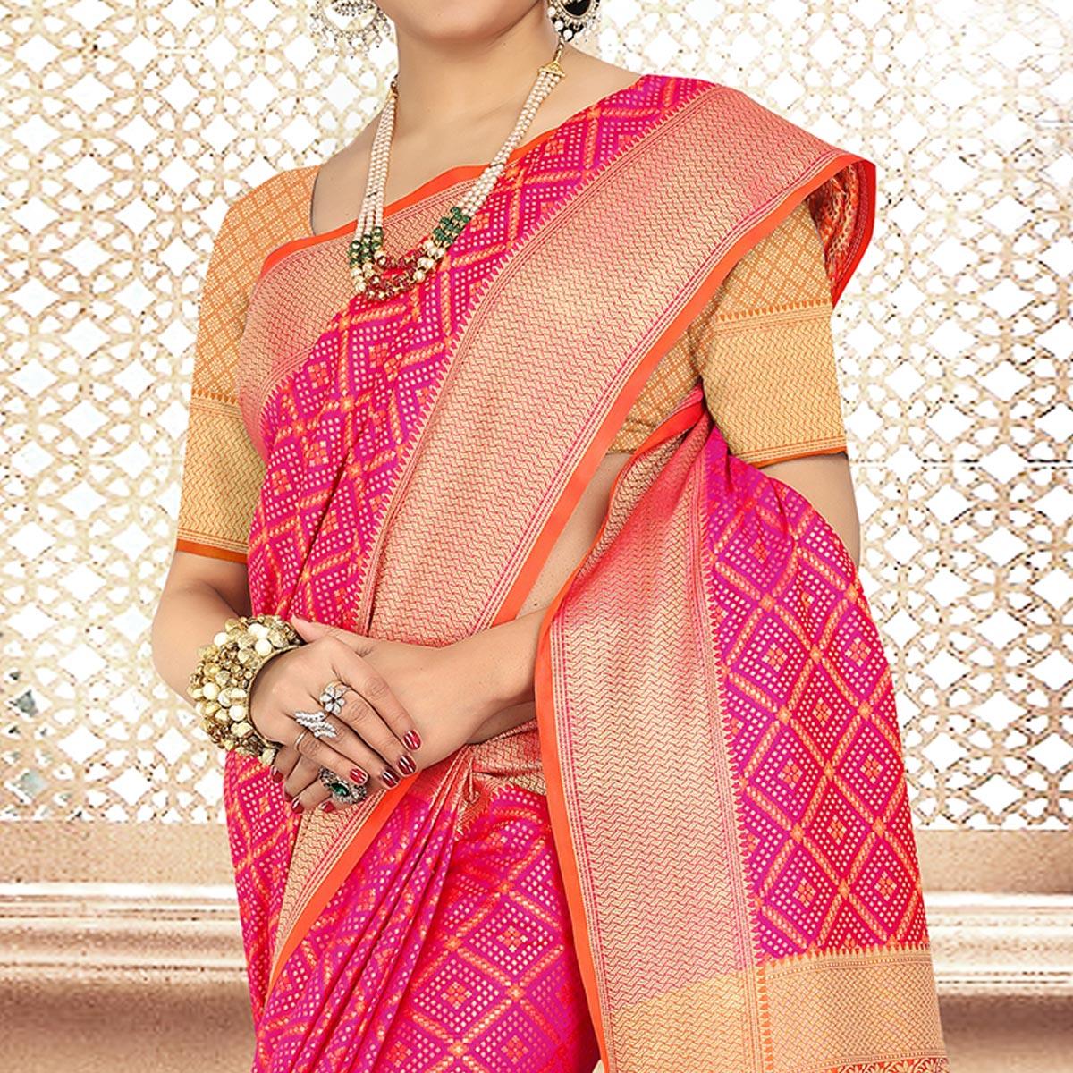 Alluring Pink Colored Festive Wear Woven Banarasi Silk Saree - Peachmode