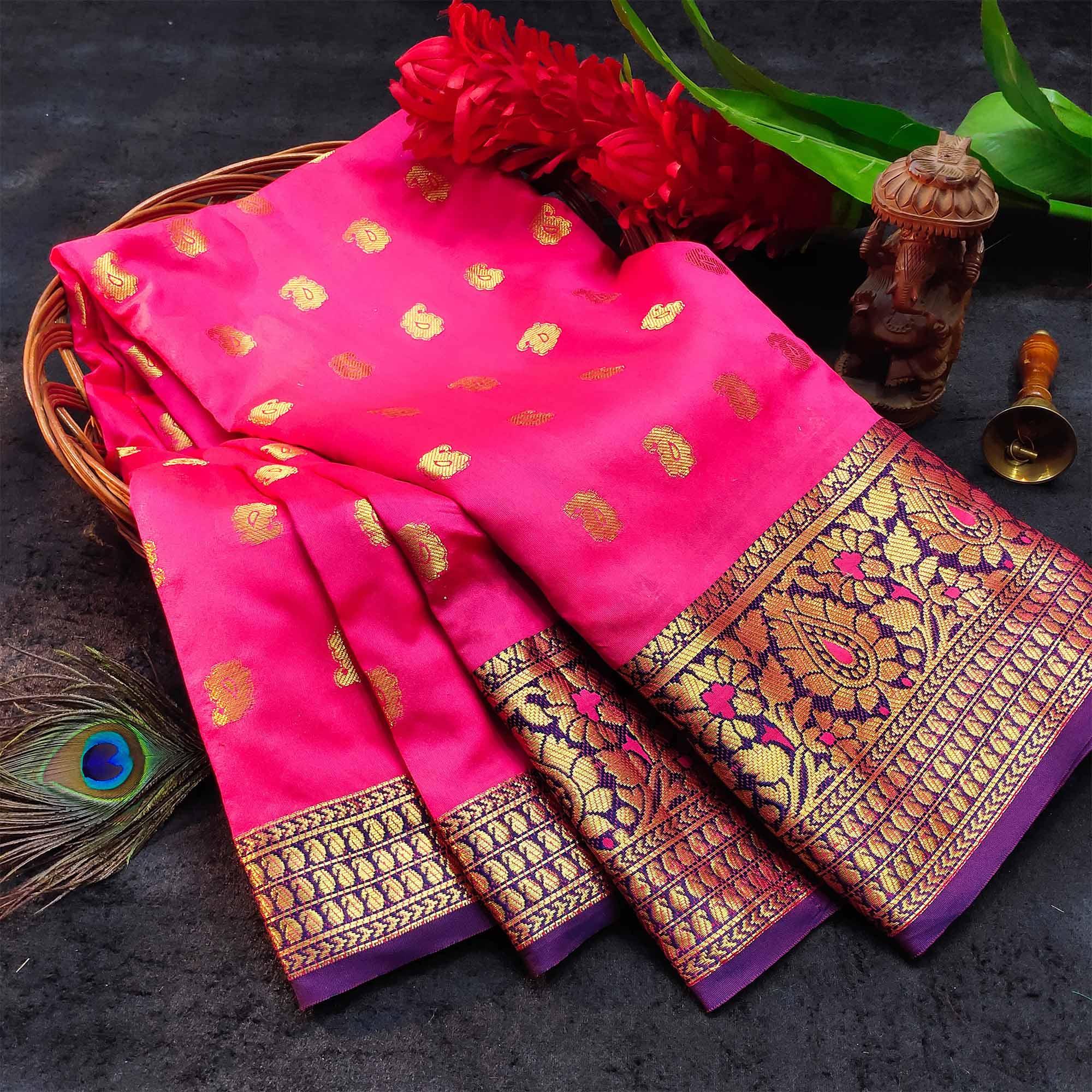 Alluring Pink Colored Festive Wear Woven Kanjivaram Silk Saree - Peachmode