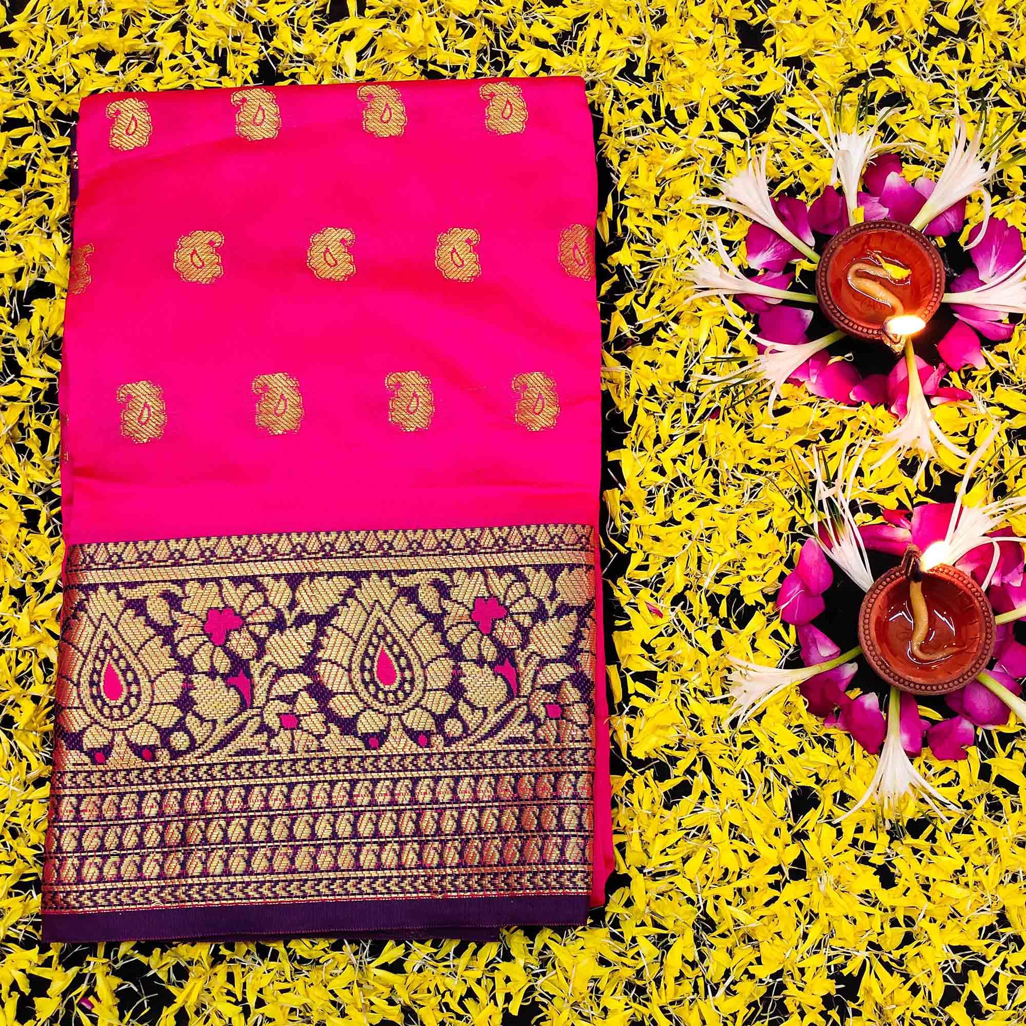 Alluring Pink Colored Festive Wear Woven Kanjivaram Silk Saree - Peachmode