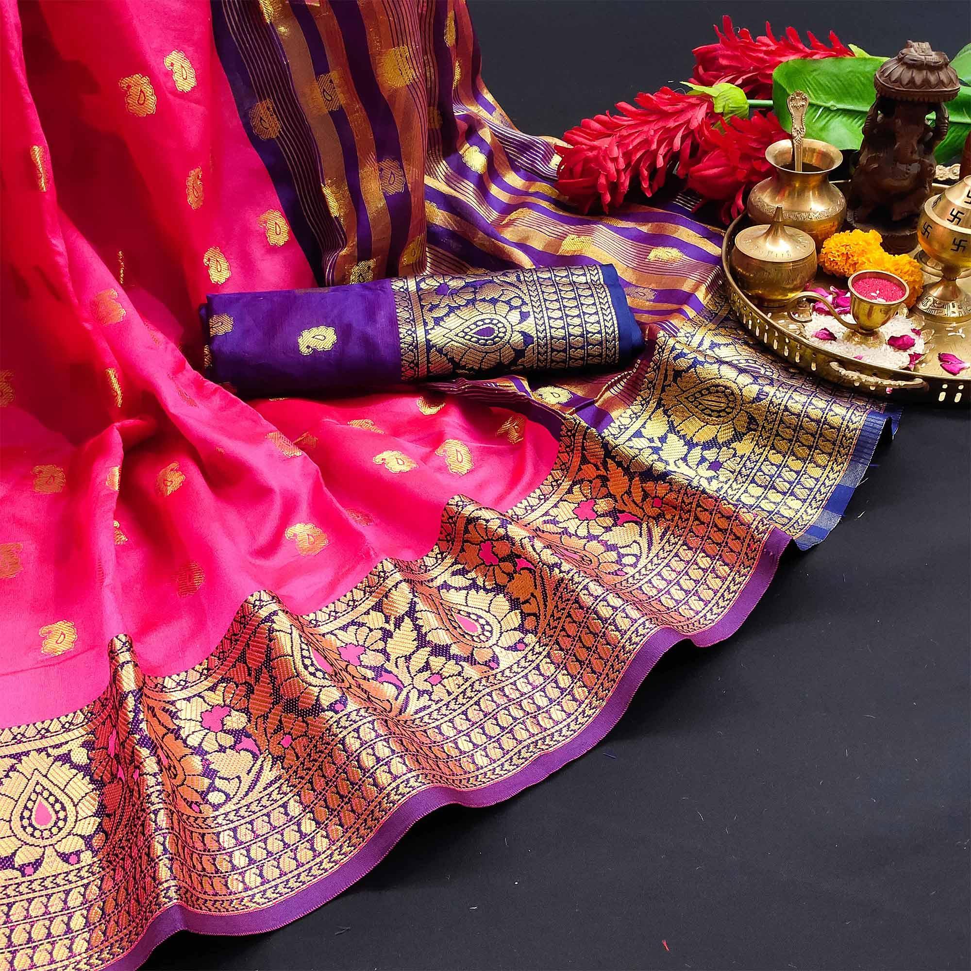Alluring Pink Colored Festive Wear Woven Kanjivaram Silk Saree - Peachmode