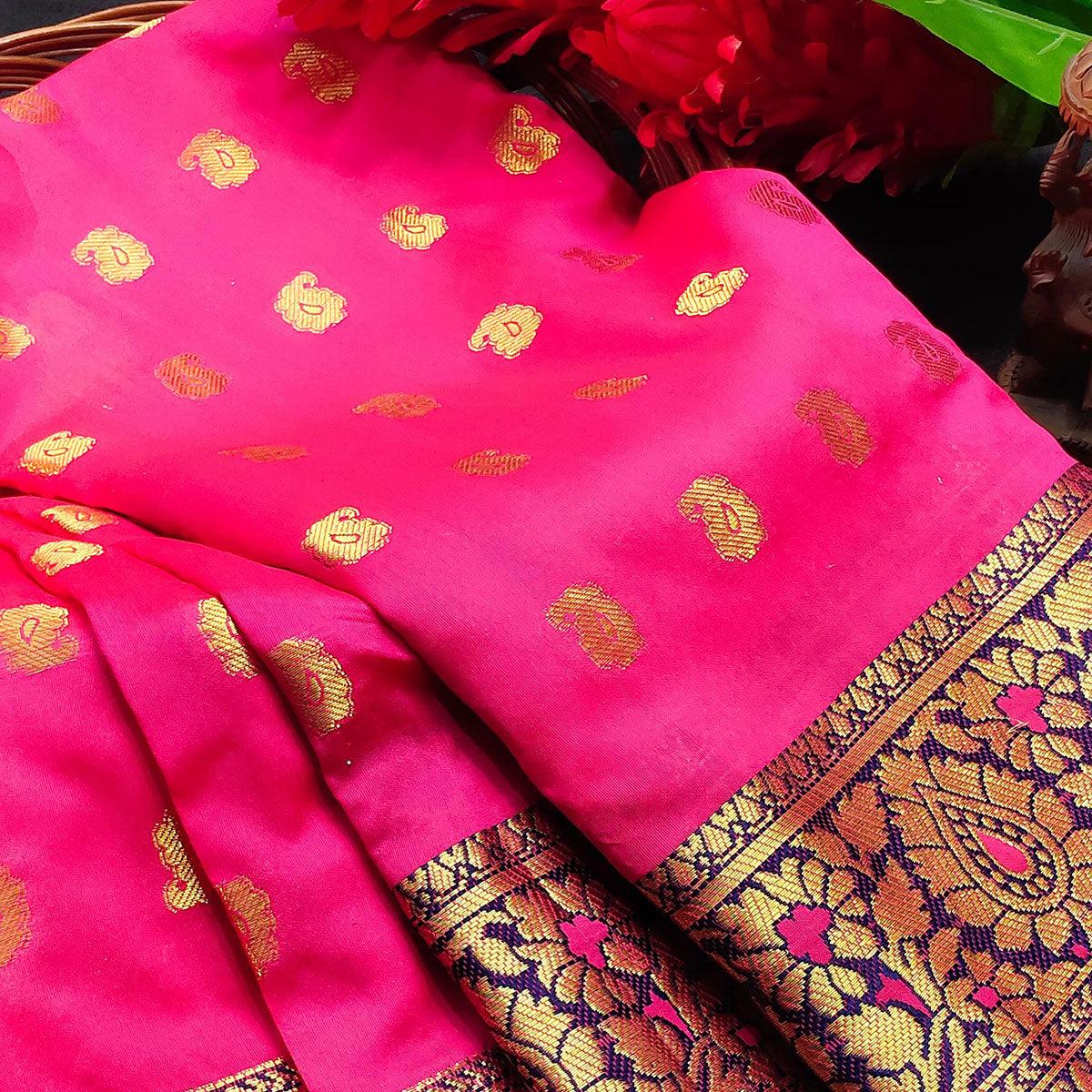 Alluring Pink Colored Festive Wear Woven Kanjivaram Silk Saree - Peachmode