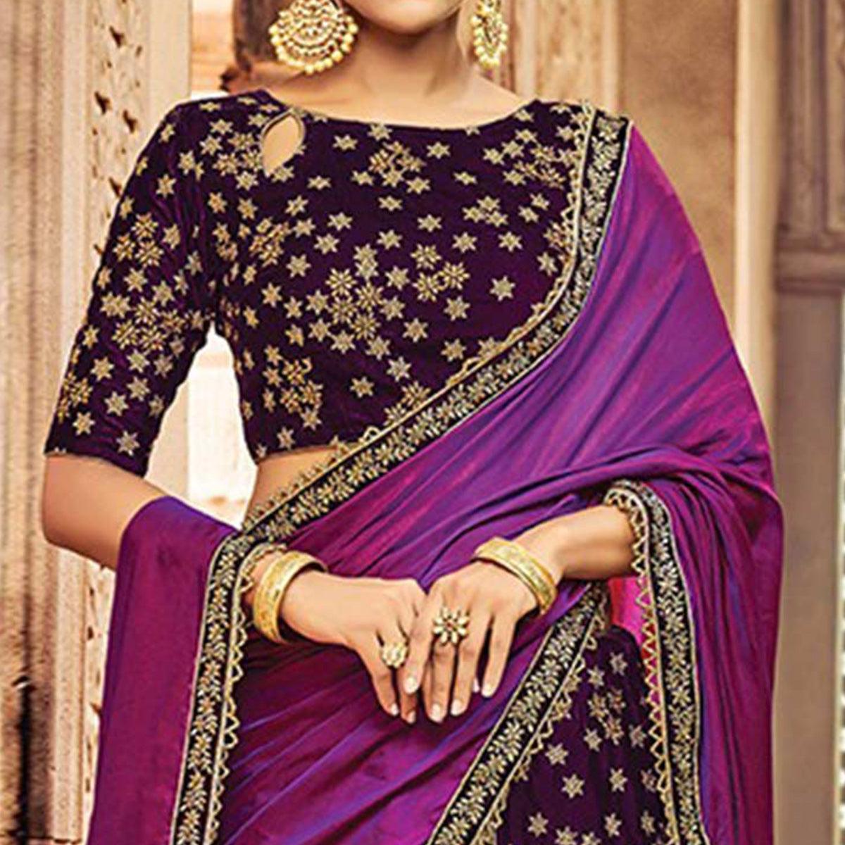 Alluring Purple Colored Designer Embroidered Wedding Wear Jacquard Silk-Velvet Lehenga Saree - Peachmode