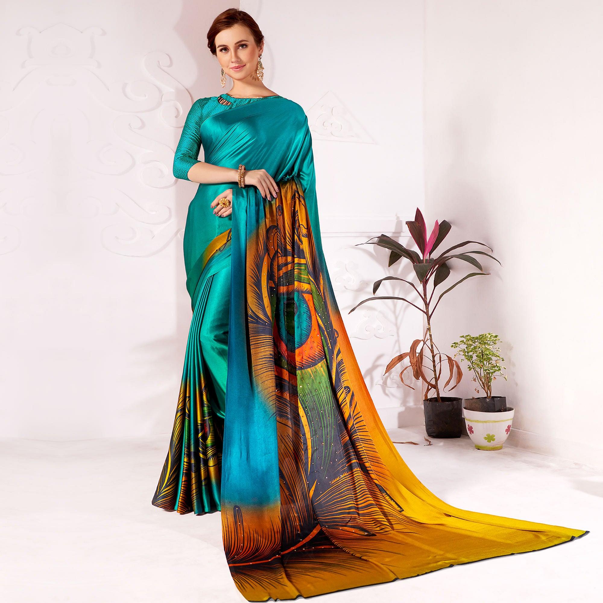Alluring Rama Blue Colored Partywear Peacock Feather Printed Satin Saree - Peachmode