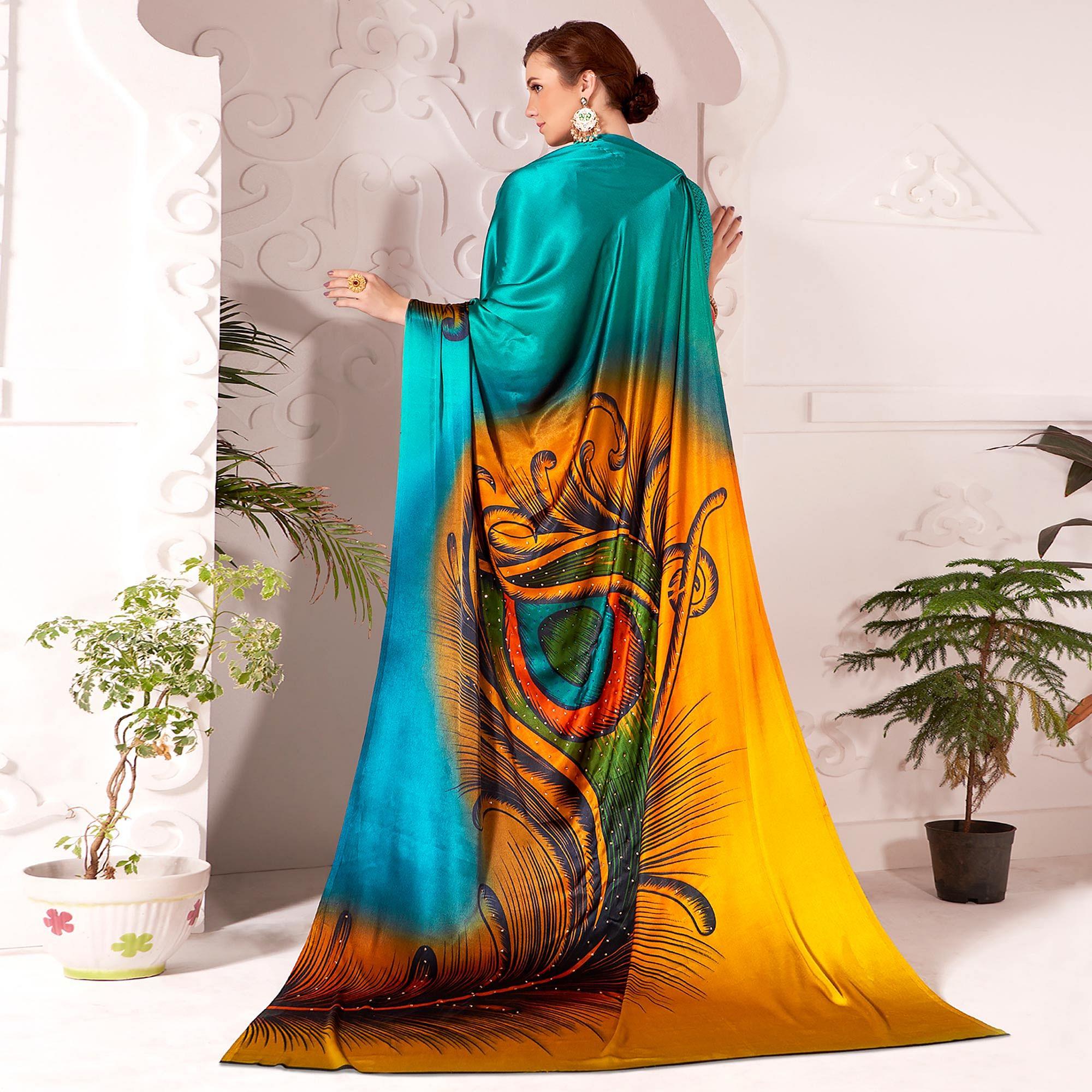 Alluring Rama Blue Colored Partywear Peacock Feather Printed Satin Saree - Peachmode