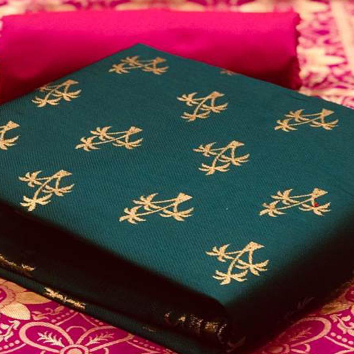 Alluring Rama Colored Casual Wear Banarasi Silk Dress Material - Peachmode