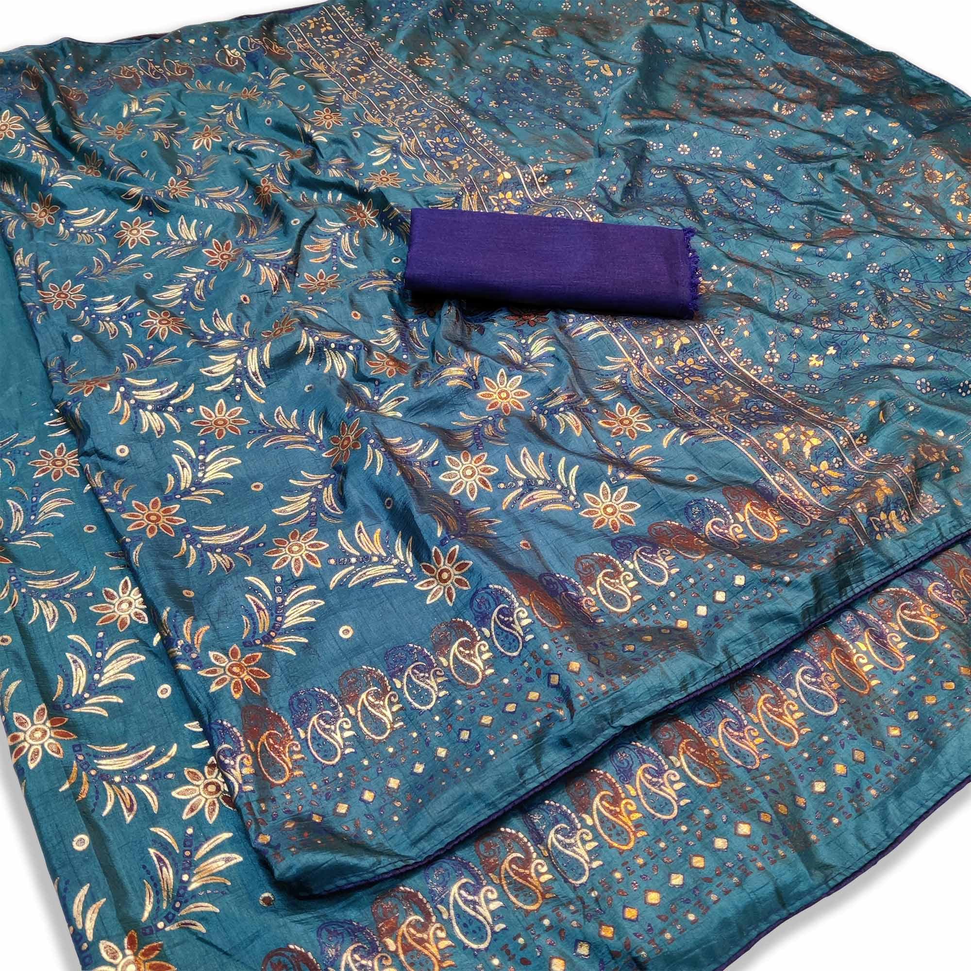 Alluring Rama Colored Festive Wear Printed Dola Silk Saree - Peachmode