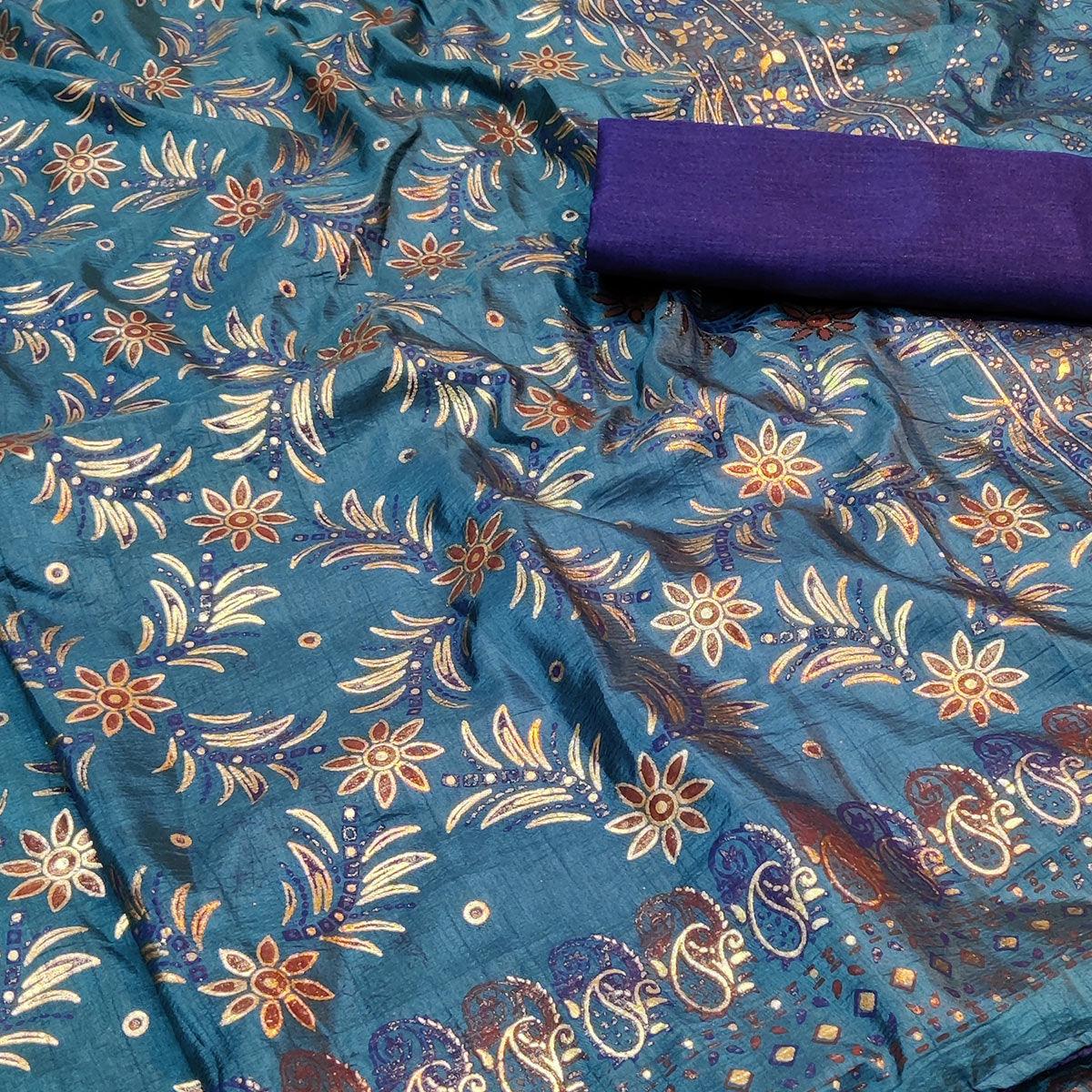 Alluring Rama Colored Festive Wear Printed Dola Silk Saree - Peachmode
