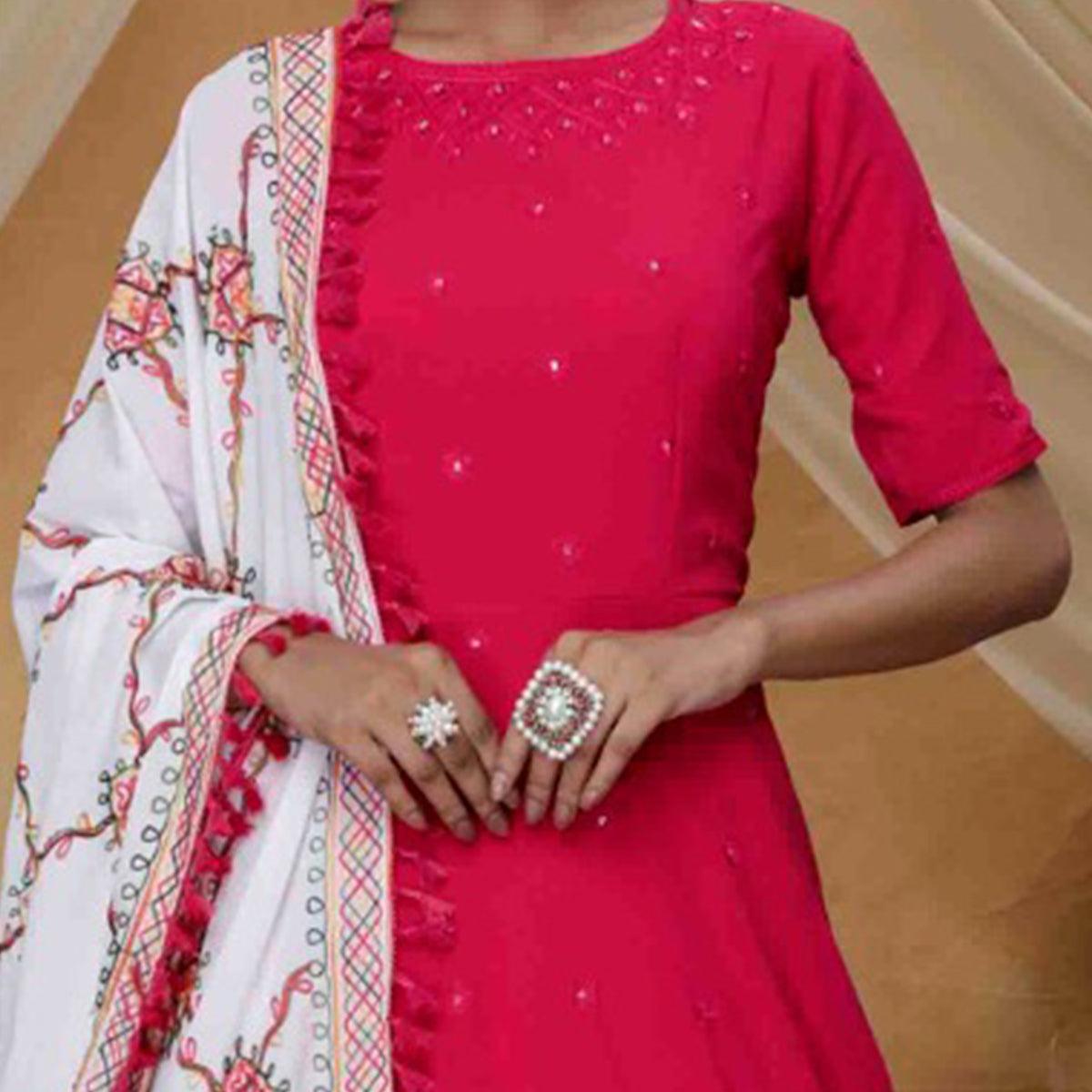 Alluring Rani Pink Colored Partywear Embroidered Georgette Anarkali Suit - Peachmode