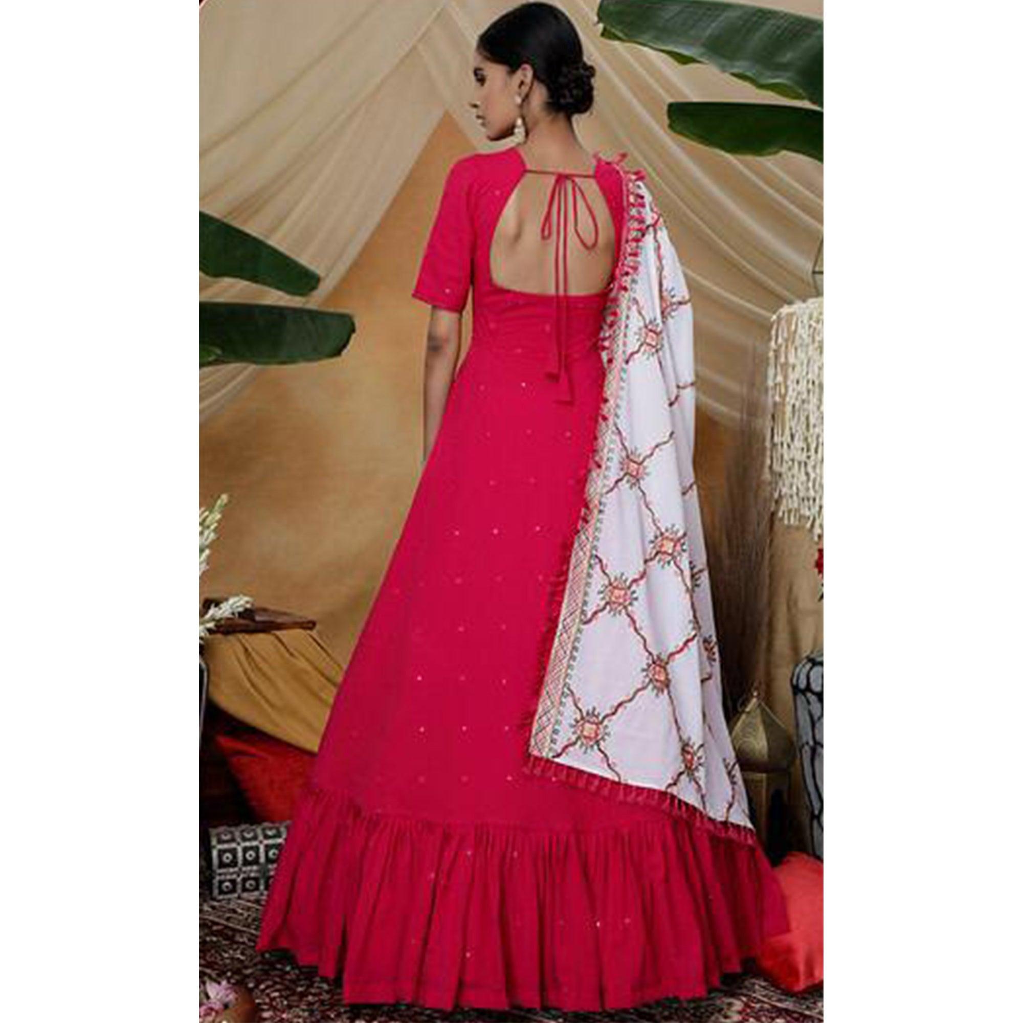 Alluring Rani Pink Colored Partywear Embroidered Georgette Anarkali Suit - Peachmode