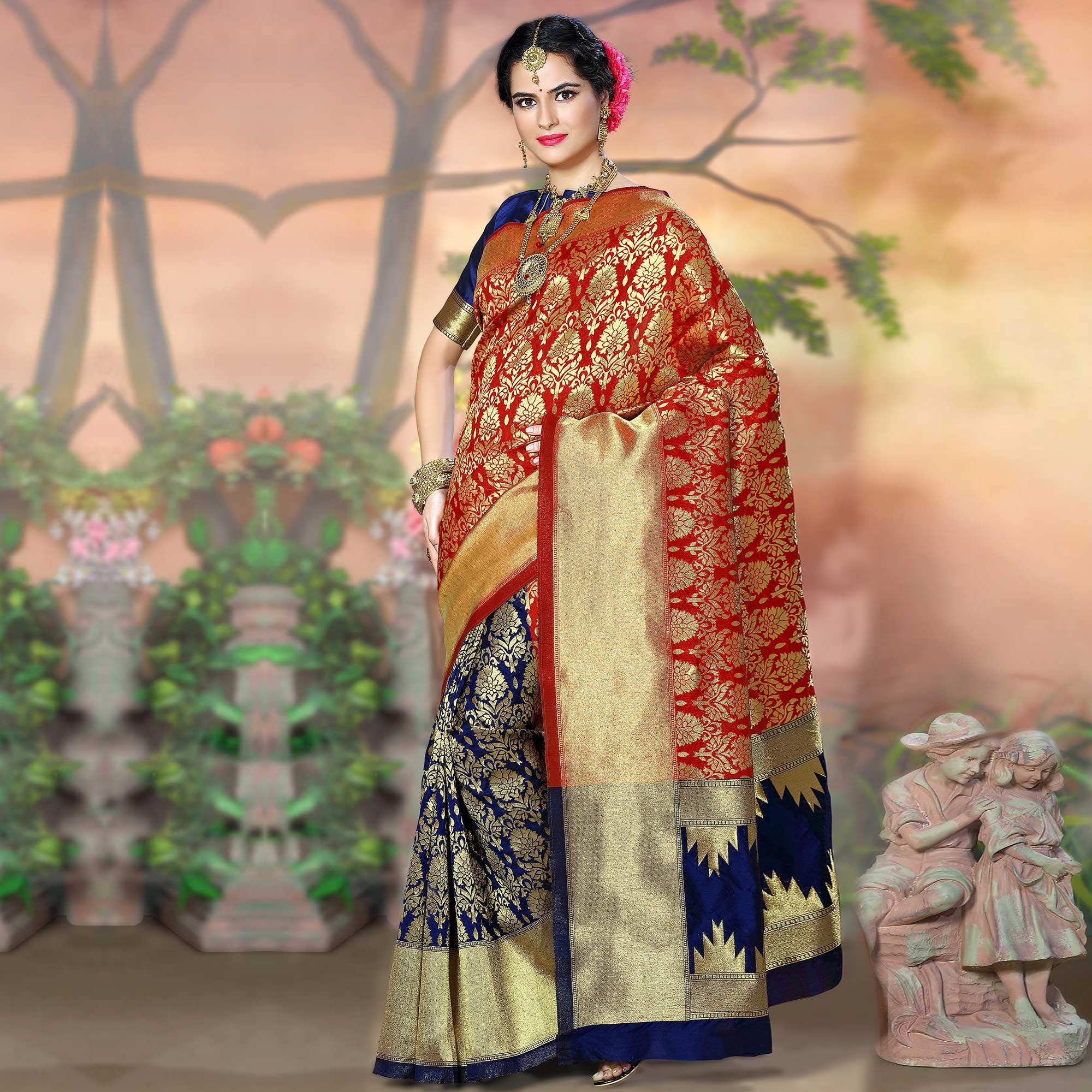 Alluring Red - Blue Colored Festive Wear Woven Crystal Silk Saree - Peachmode