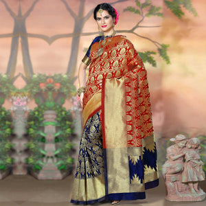 Alluring Red - Blue Colored Festive Wear Woven Crystal Silk Saree - Peachmode