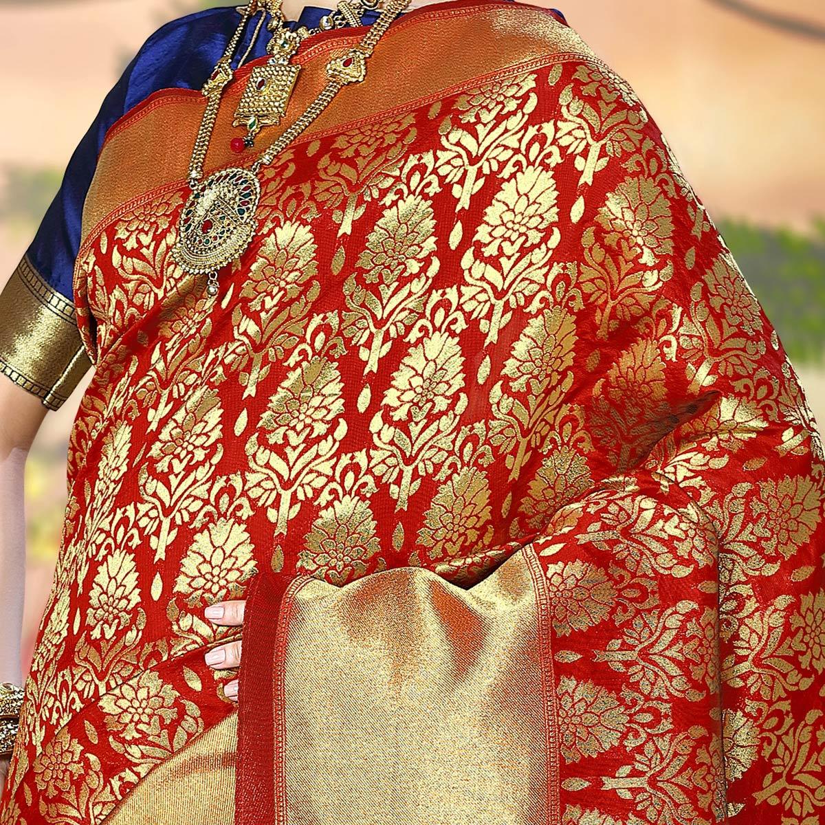 Alluring Red - Blue Colored Festive Wear Woven Crystal Silk Saree - Peachmode