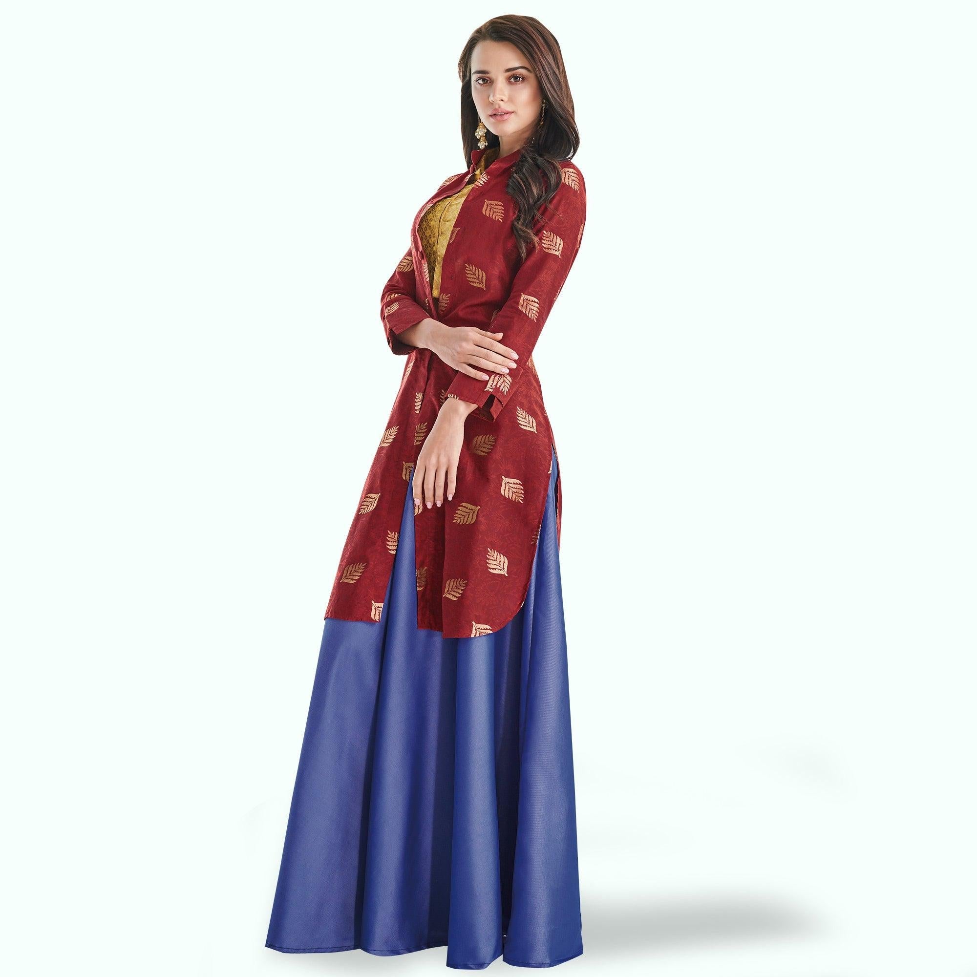 Alluring Red-Blue Colored Partywear Printed Art Silk Lehenga With Koti - Peachmode