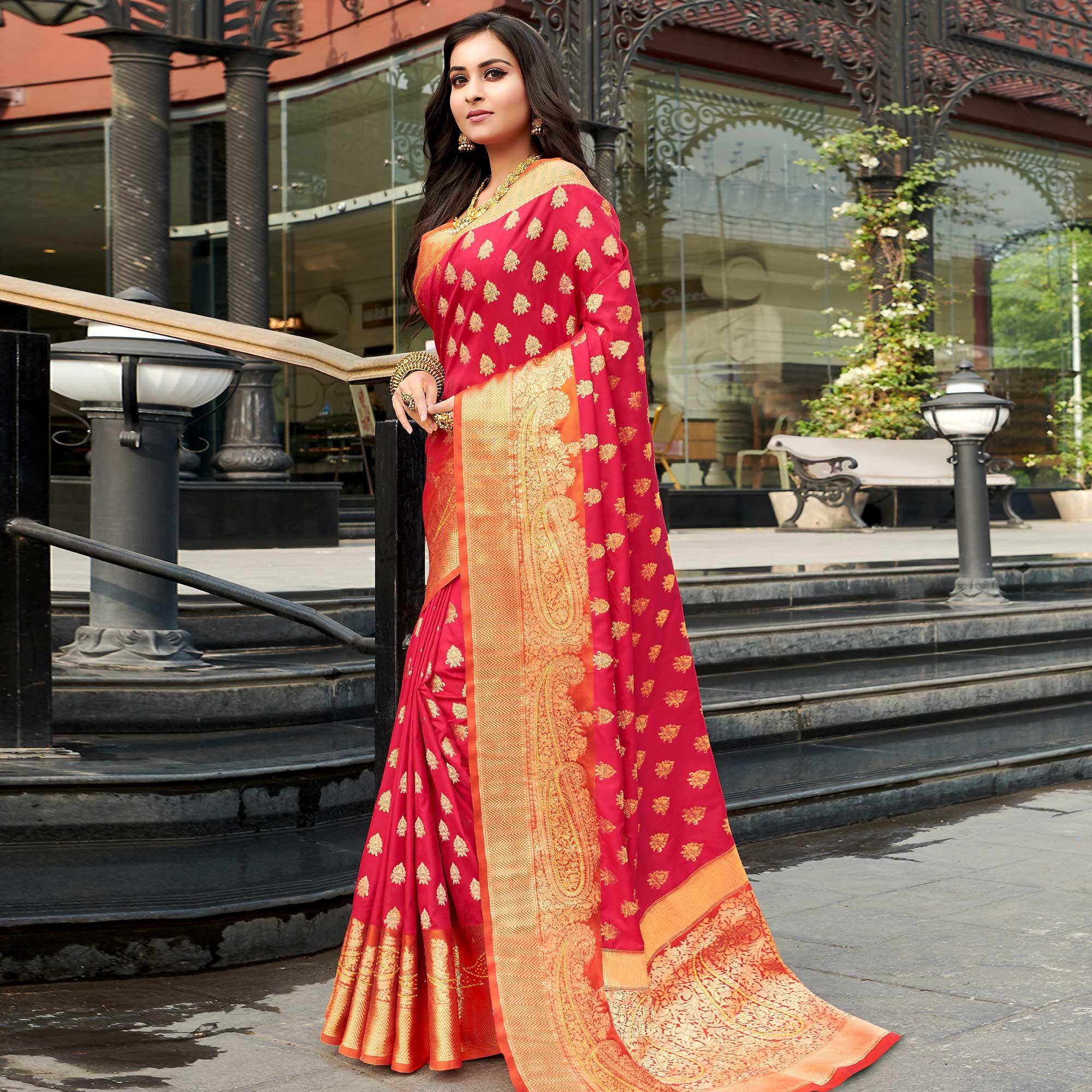 Alluring Red Colored Festive Wear Woven Silk Saree - Peachmode