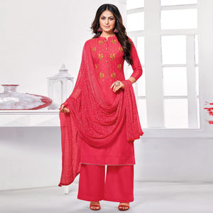 Alluring Red Colored Partywear Embroidered Cotton Dress Material - Peachmode