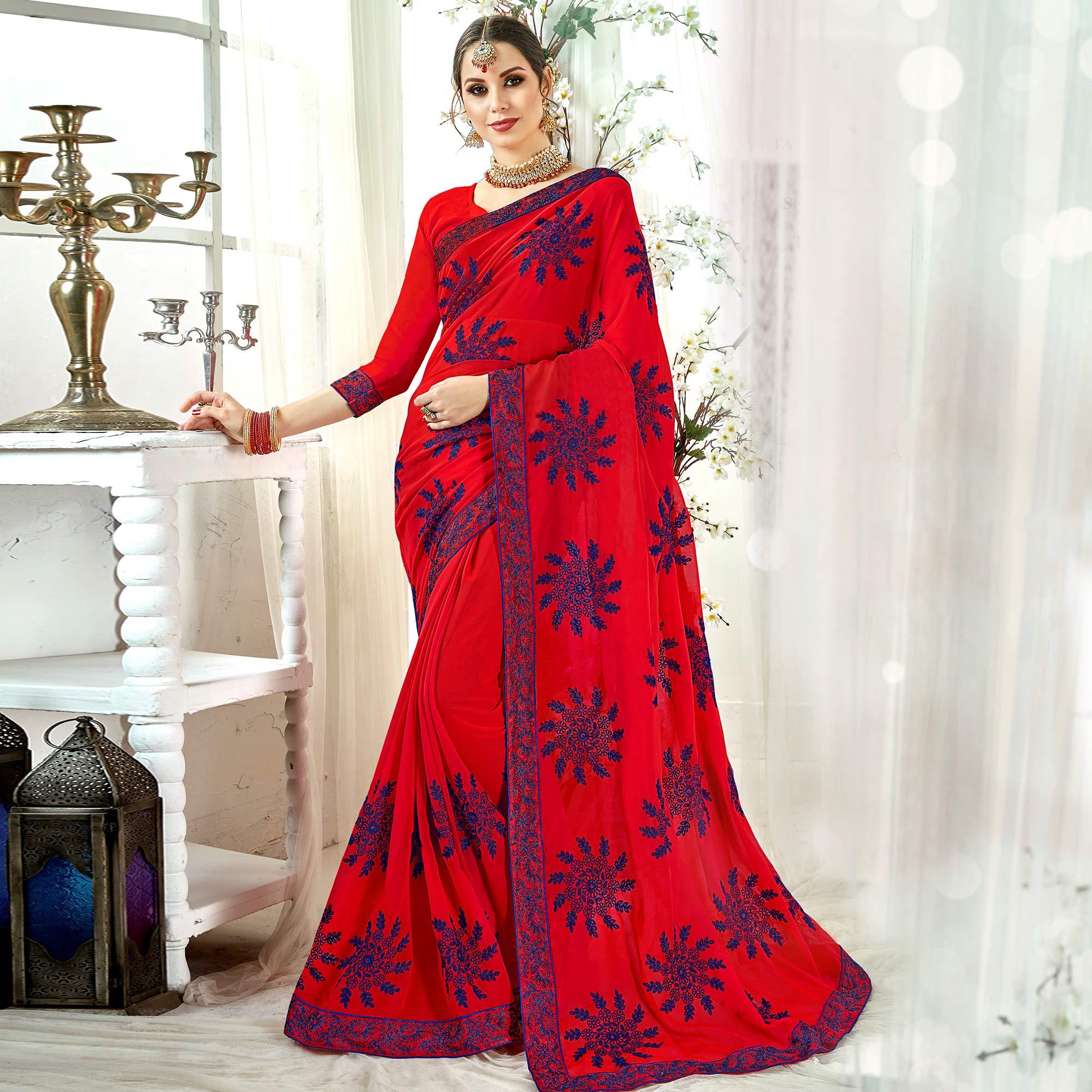Alluring Red Colored Partywear Embroidered Georgette Silk Saree - Peachmode