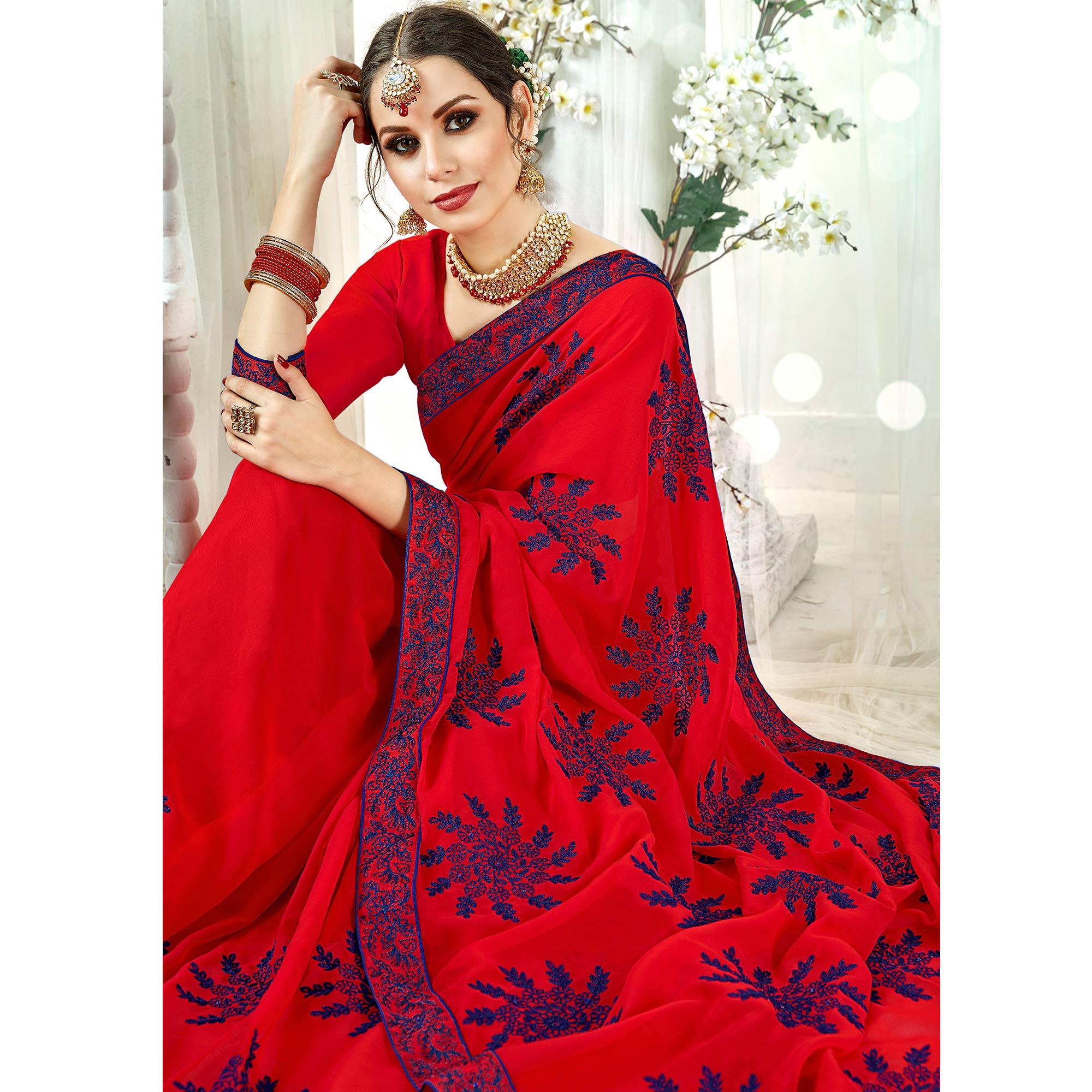 Alluring Red Colored Partywear Embroidered Georgette Silk Saree - Peachmode