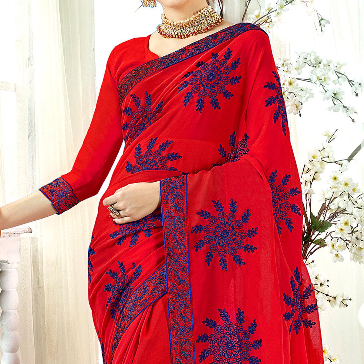 Alluring Red Colored Partywear Embroidered Georgette Silk Saree - Peachmode