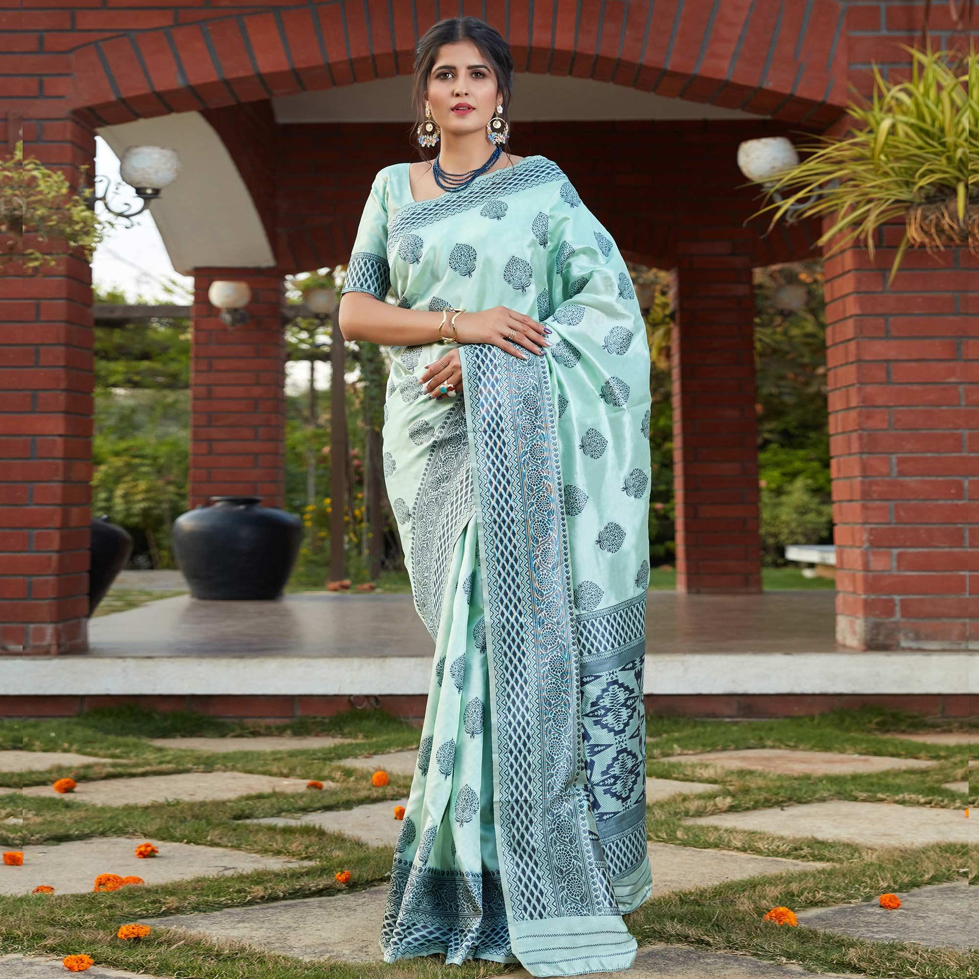 Alluring Turqupoise Blue Colored Festive Wear Woven Banarasi Silk Saree - Peachmode