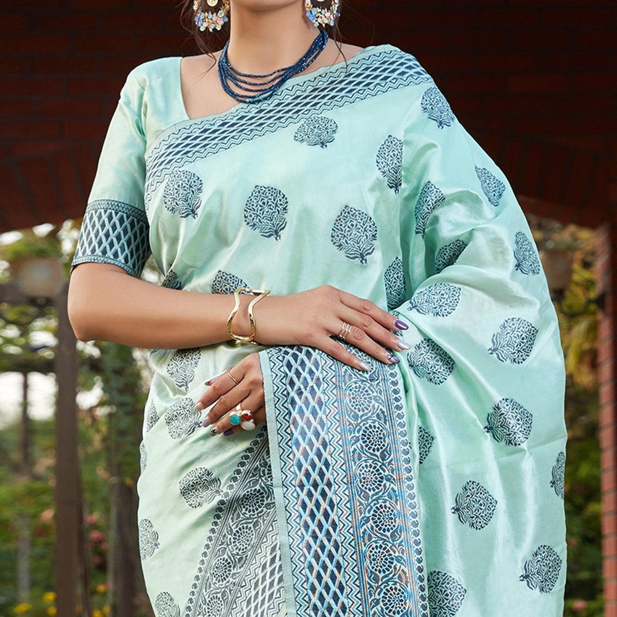 Alluring Turqupoise Blue Colored Festive Wear Woven Banarasi Silk Saree - Peachmode