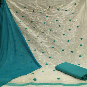 Alluring White - Aqua Blue Colored Casual Wear Embroidered Modal Dress Material - Peachmode