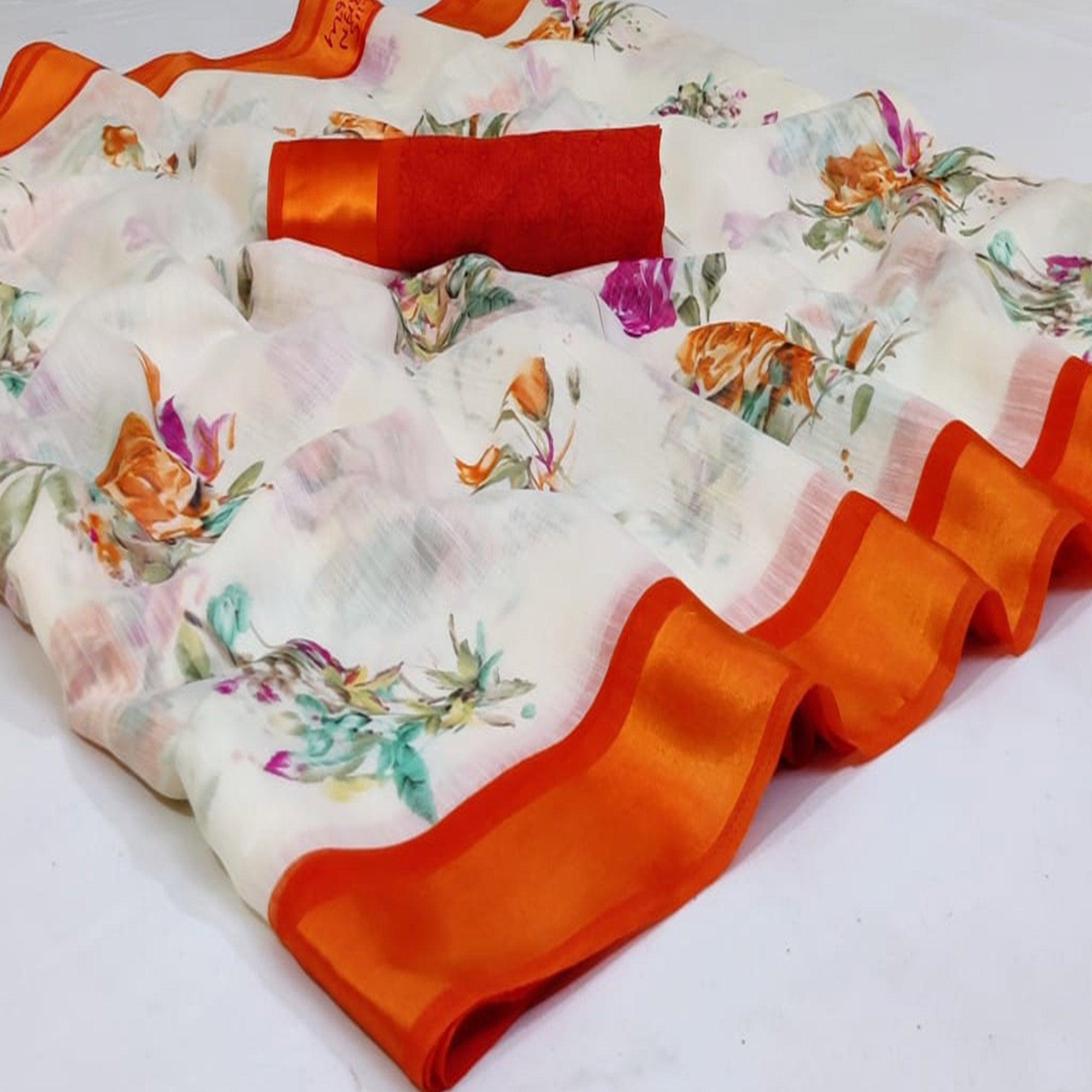 Alluring White - Red Colored Casual Wear Fancy Printed Linen Saree - Peachmode