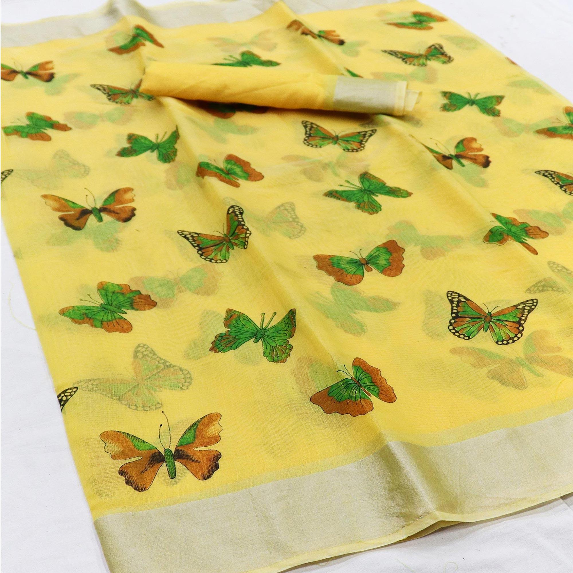 Alluring Yellow Colored Casual Wear Butterfly Block Printed Cotton Linen Saree - Peachmode