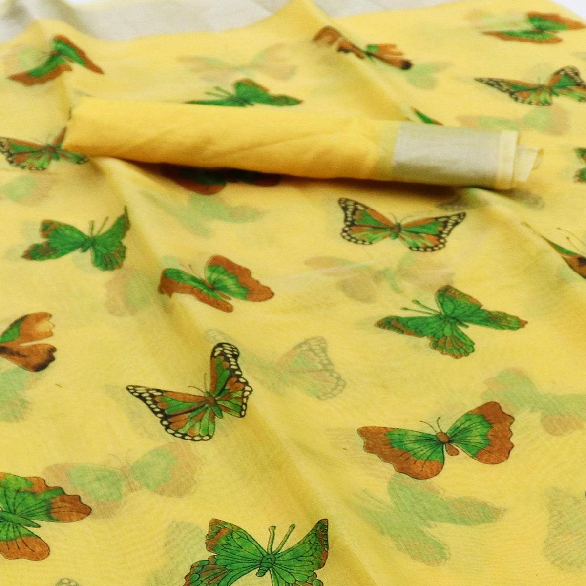 Alluring Yellow Colored Casual Wear Butterfly Block Printed Cotton Linen Saree - Peachmode