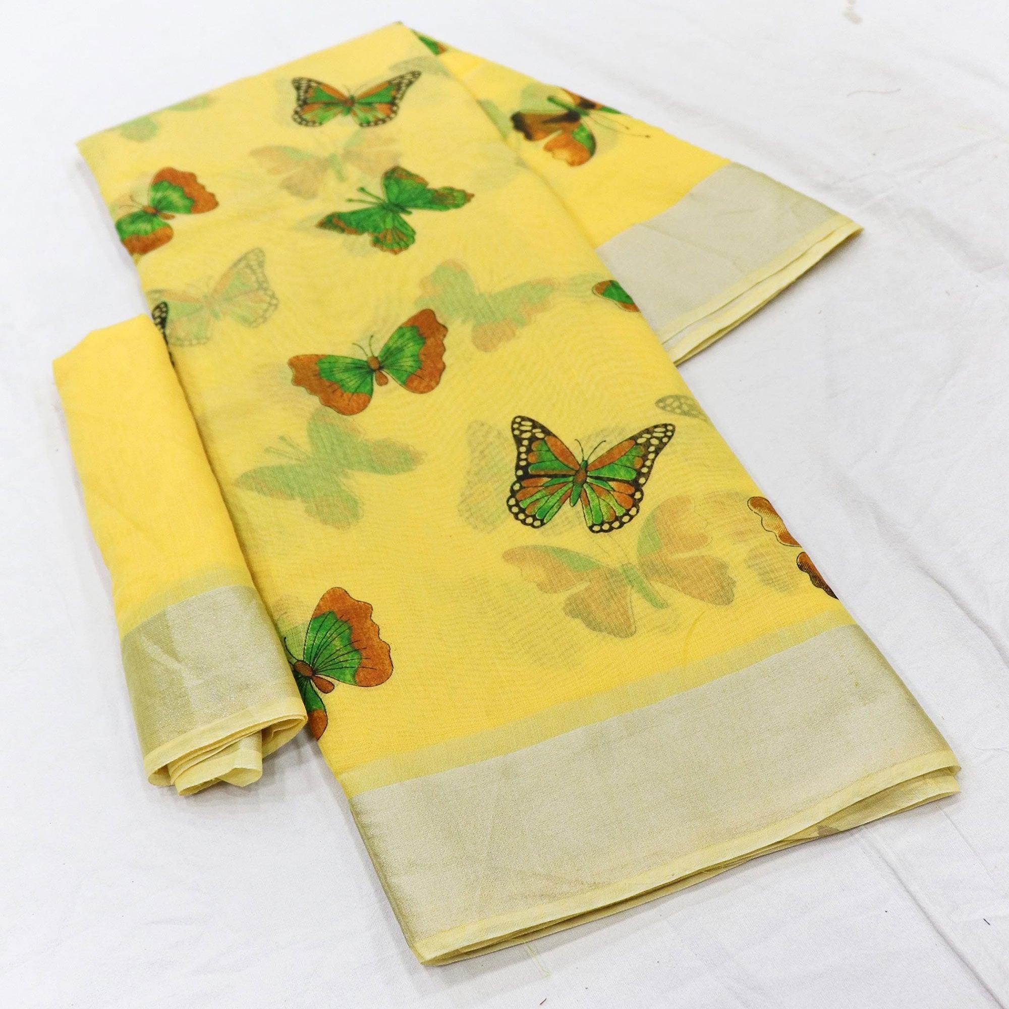 Alluring Yellow Colored Casual Wear Butterfly Block Printed Cotton Linen Saree - Peachmode
