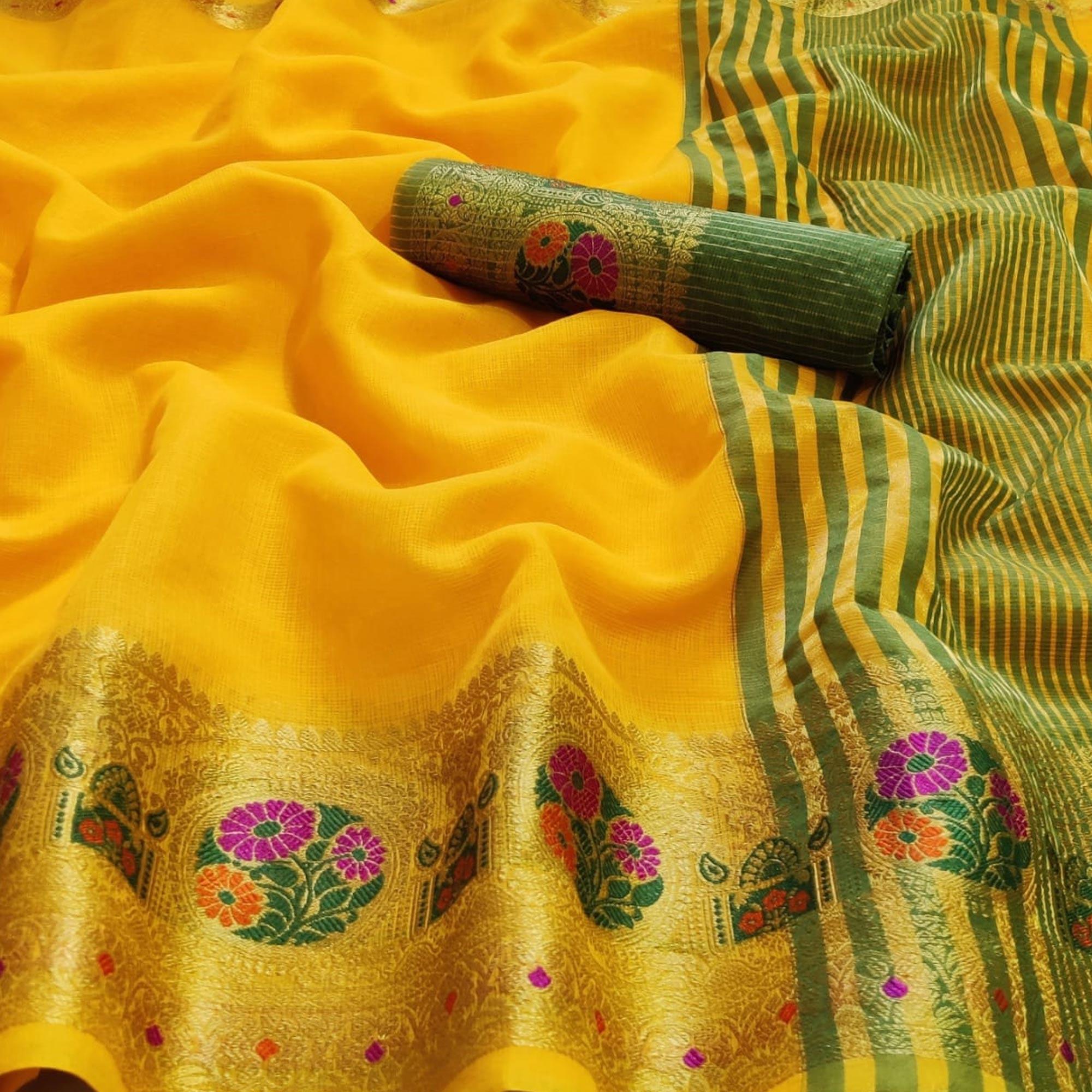 Alluring Yellow Colored Festive Wear Woven Heavy Cotton Saree - Peachmode