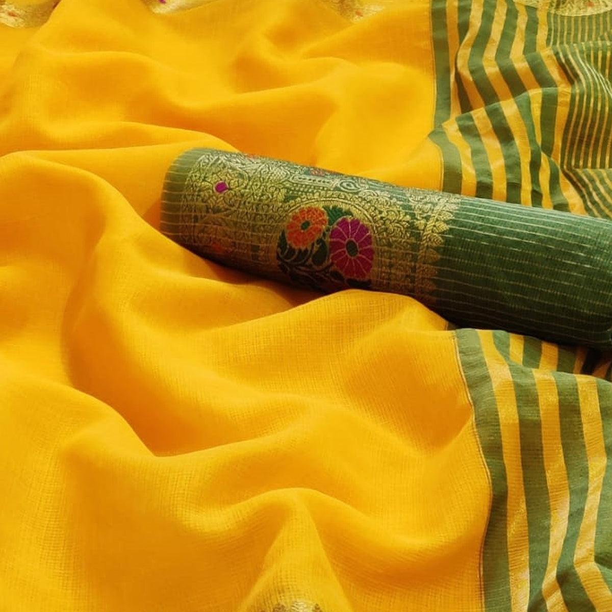 Alluring Yellow Colored Festive Wear Woven Heavy Cotton Saree - Peachmode
