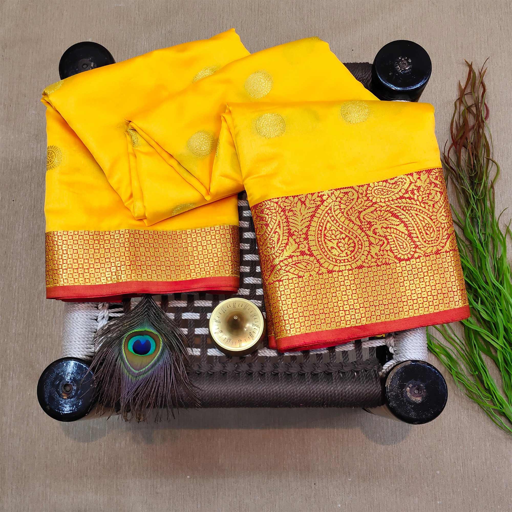 Alluring Yellow Colored Festive Wear Woven Kanjivaram Silk Saree - Peachmode