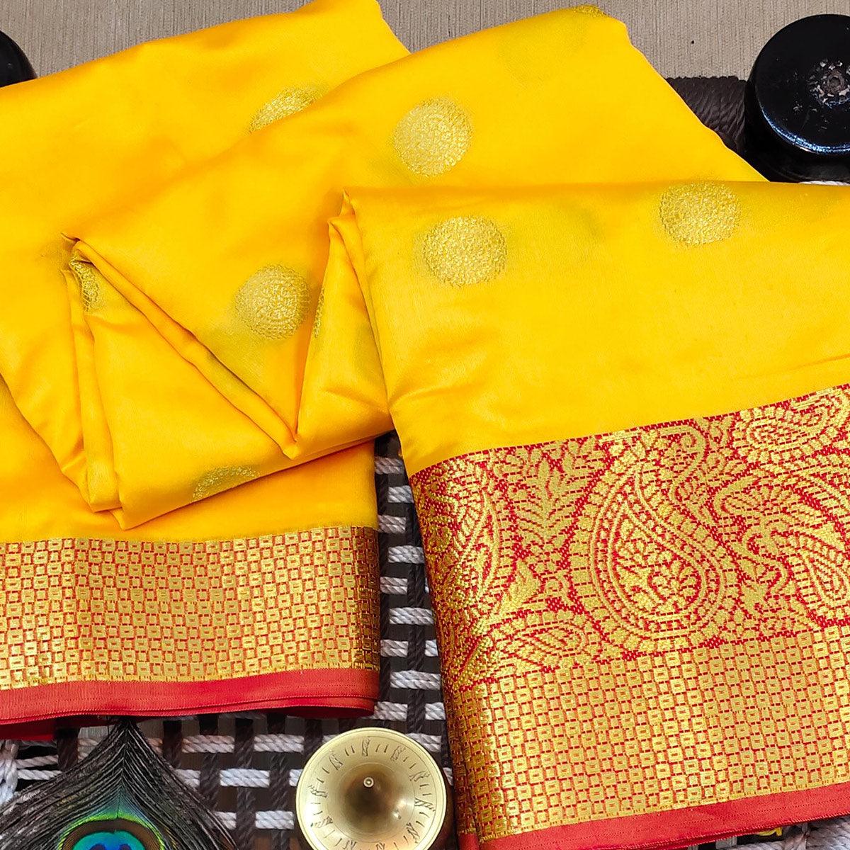 Alluring Yellow Colored Festive Wear Woven Kanjivaram Silk Saree - Peachmode