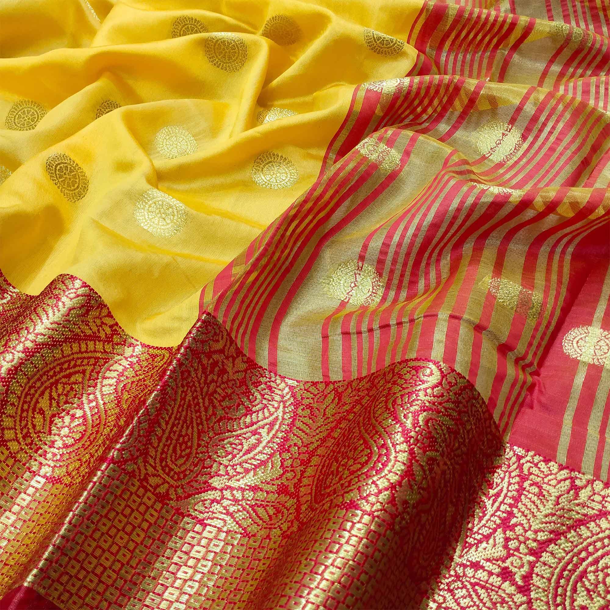 Alluring Yellow Colored Festive Wear Woven Kanjivaram Silk Saree - Peachmode