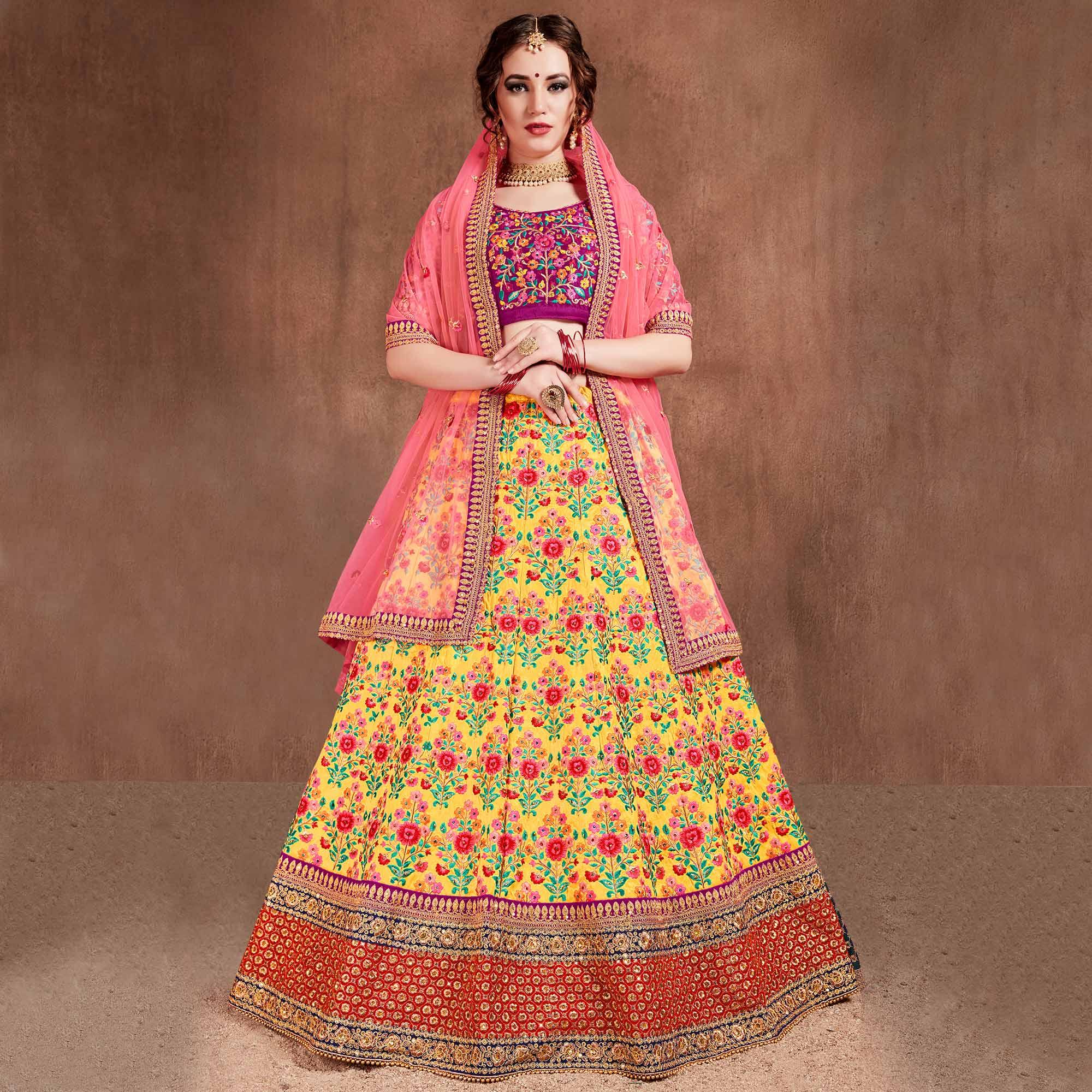 Alluring Yellow-Pink Colored Partywear Embroidered Mulberry Silk Lehenga Choli - Peachmode