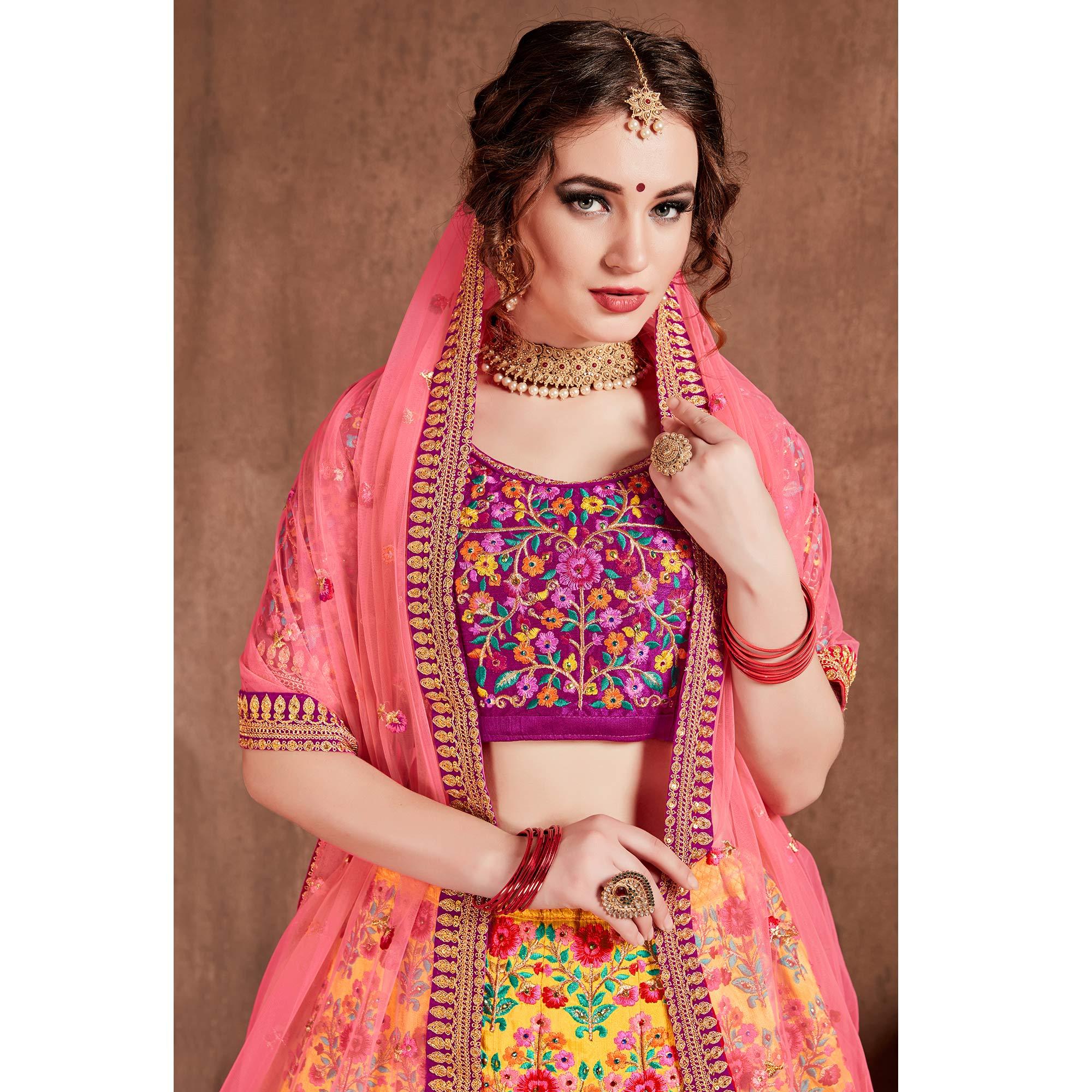 Alluring Yellow-Pink Colored Partywear Embroidered Mulberry Silk Lehenga Choli - Peachmode