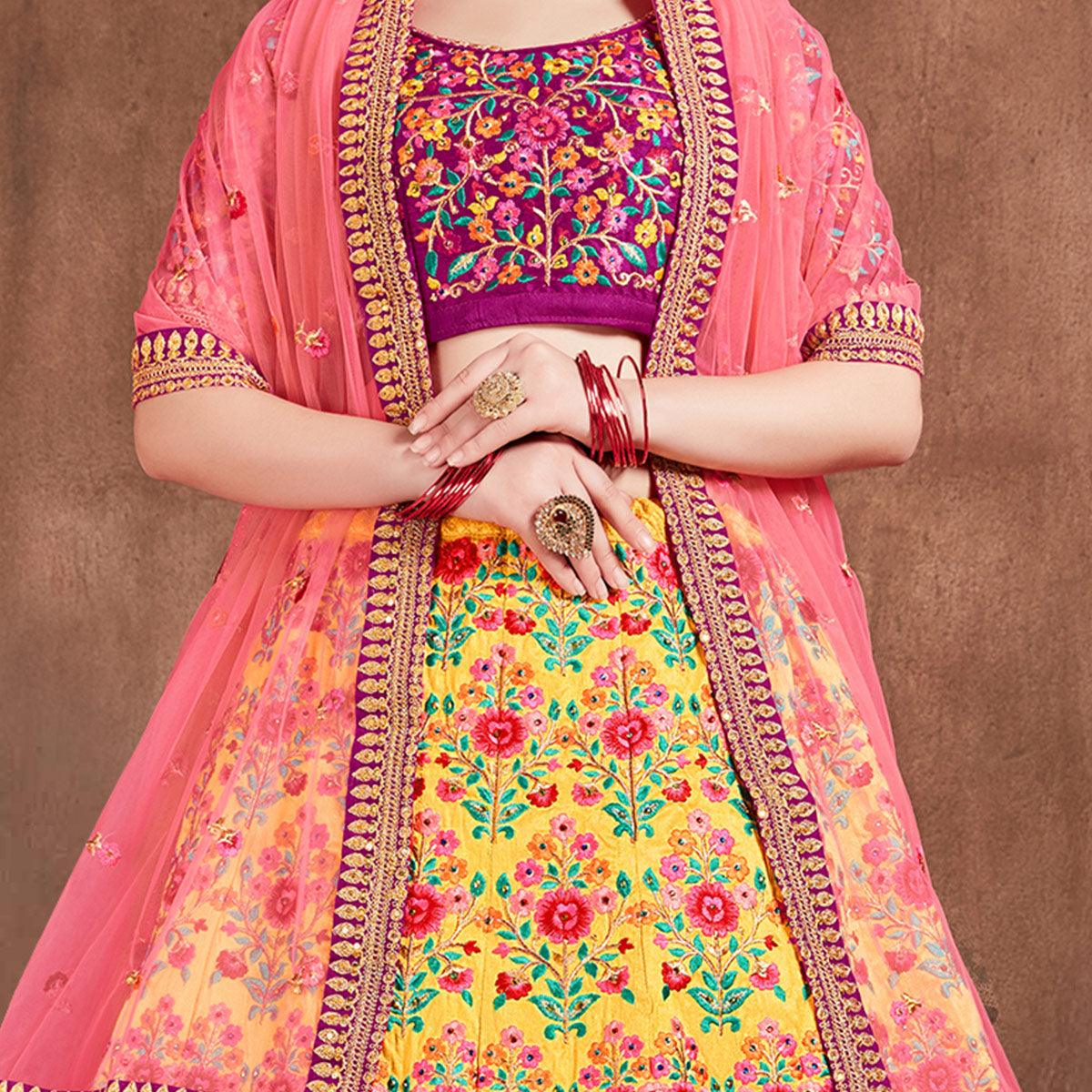 Alluring Yellow-Pink Colored Partywear Embroidered Mulberry Silk Lehenga Choli - Peachmode