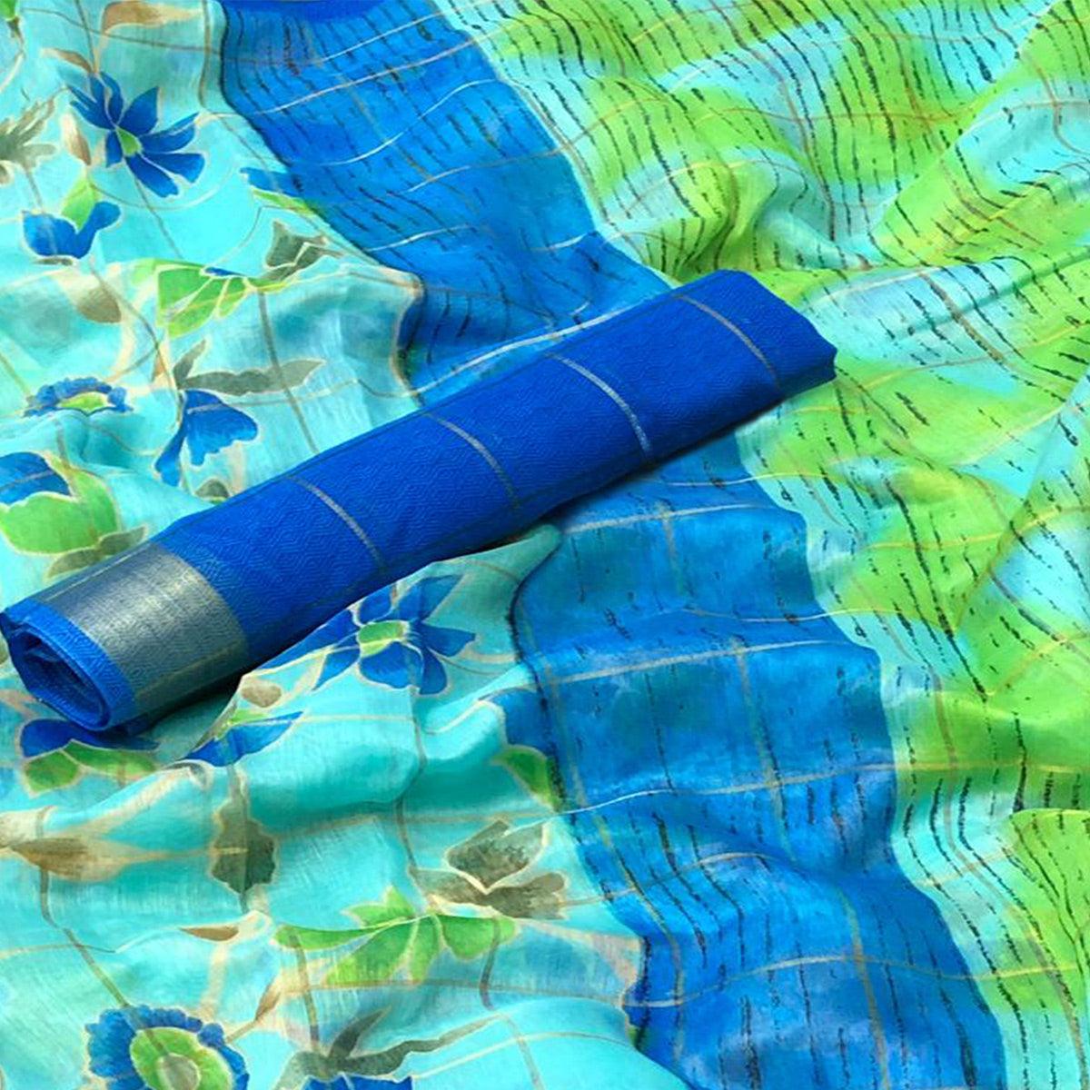 Amazing Aqua Blue Colored Casual Floral Printed Cotton Saree - Peachmode