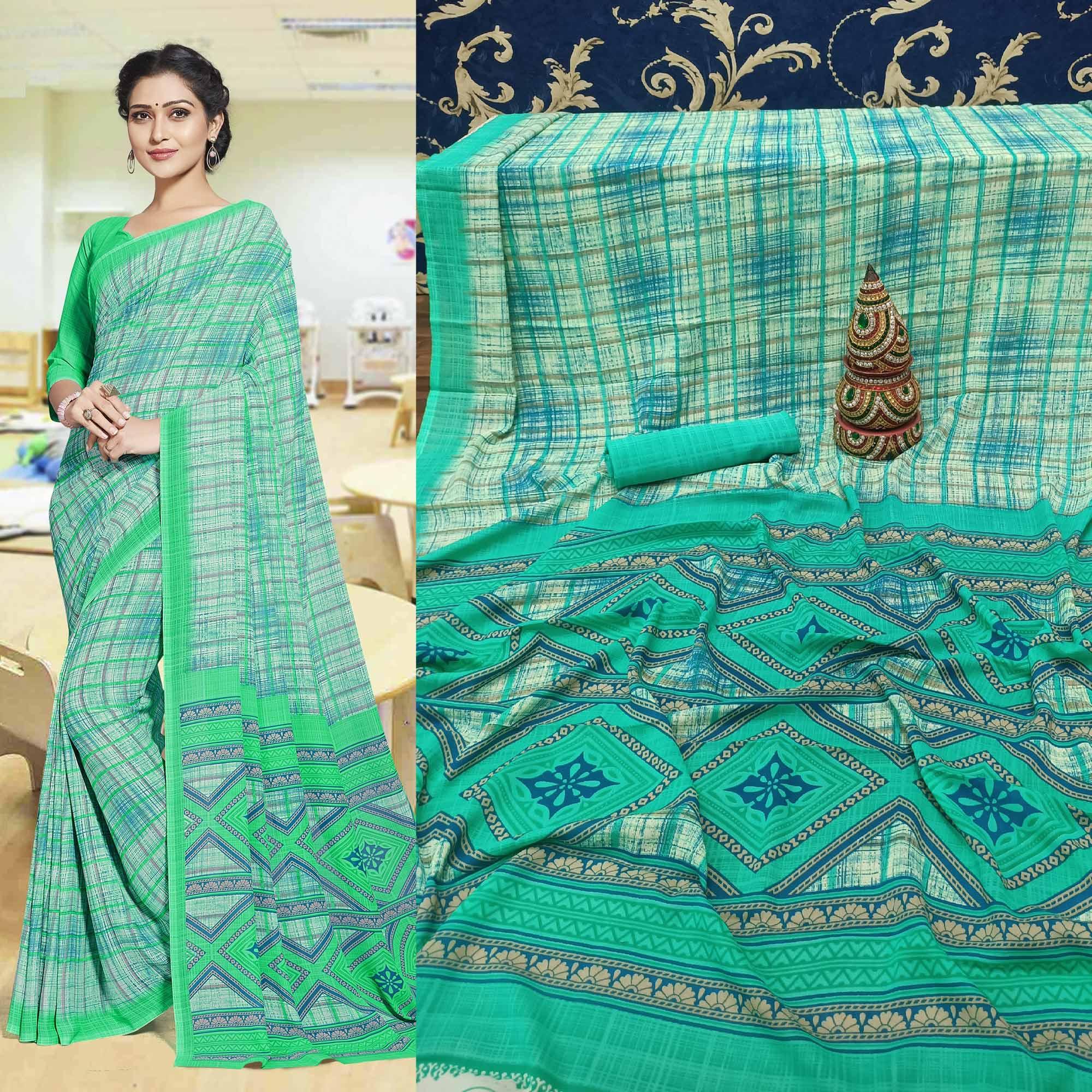 Amazing Aqua Green Colored Casual Printed Georgette Saree - Peachmode