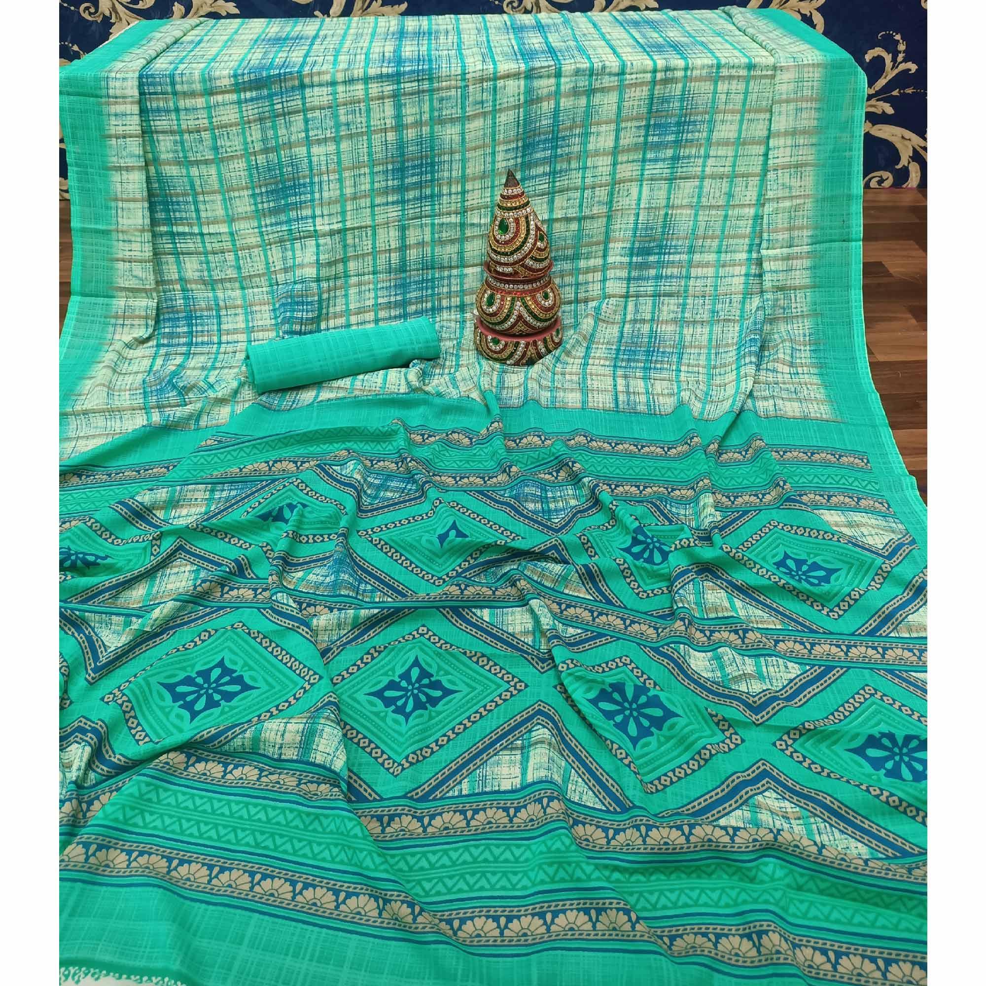 Amazing Aqua Green Colored Casual Printed Georgette Saree - Peachmode