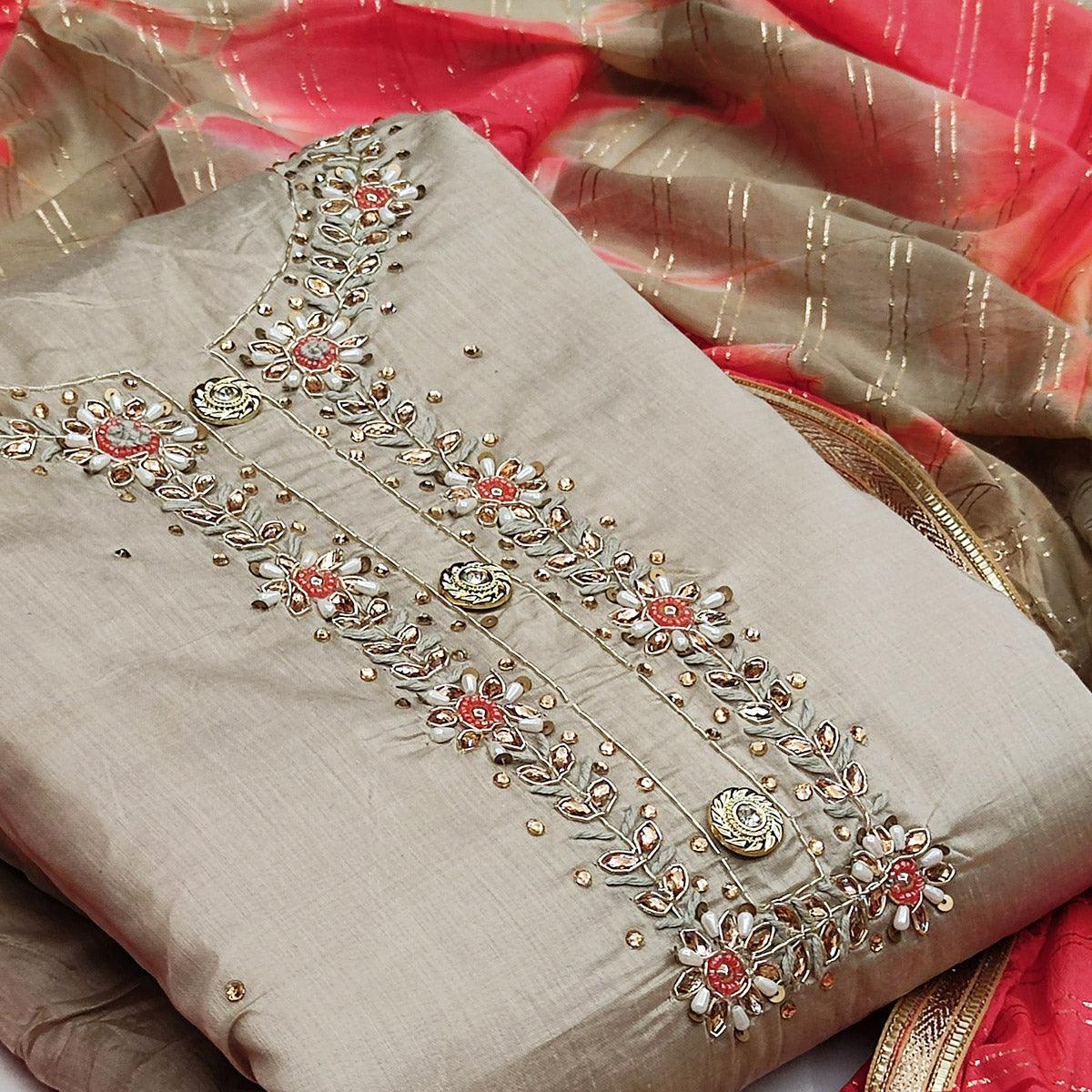 Amazing Beige Colored Festive Wear Heavy Modal Silk Dress Material - Peachmode