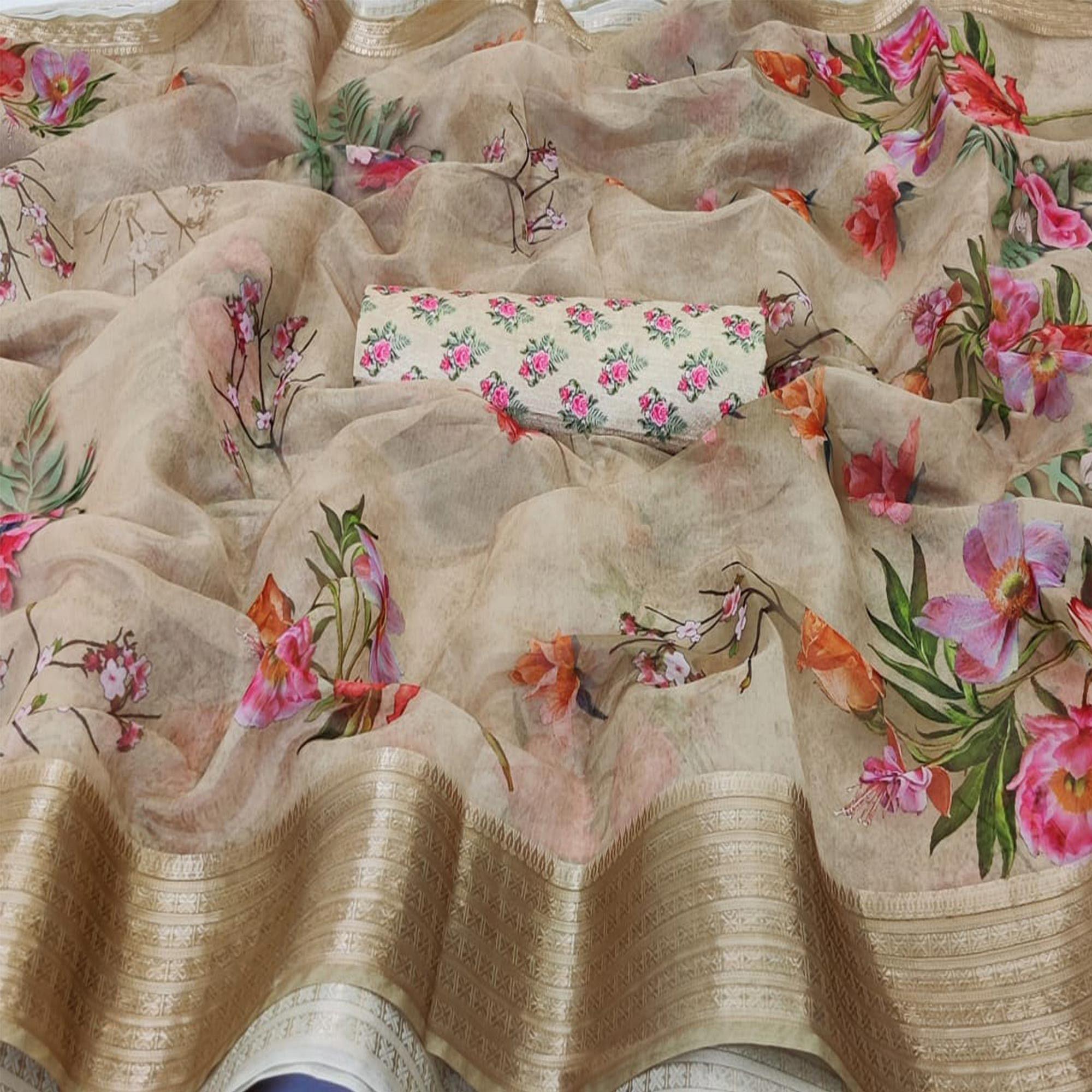 Amazing Beige Colored Partywear Digital Printed Georgette Saree - Peachmode