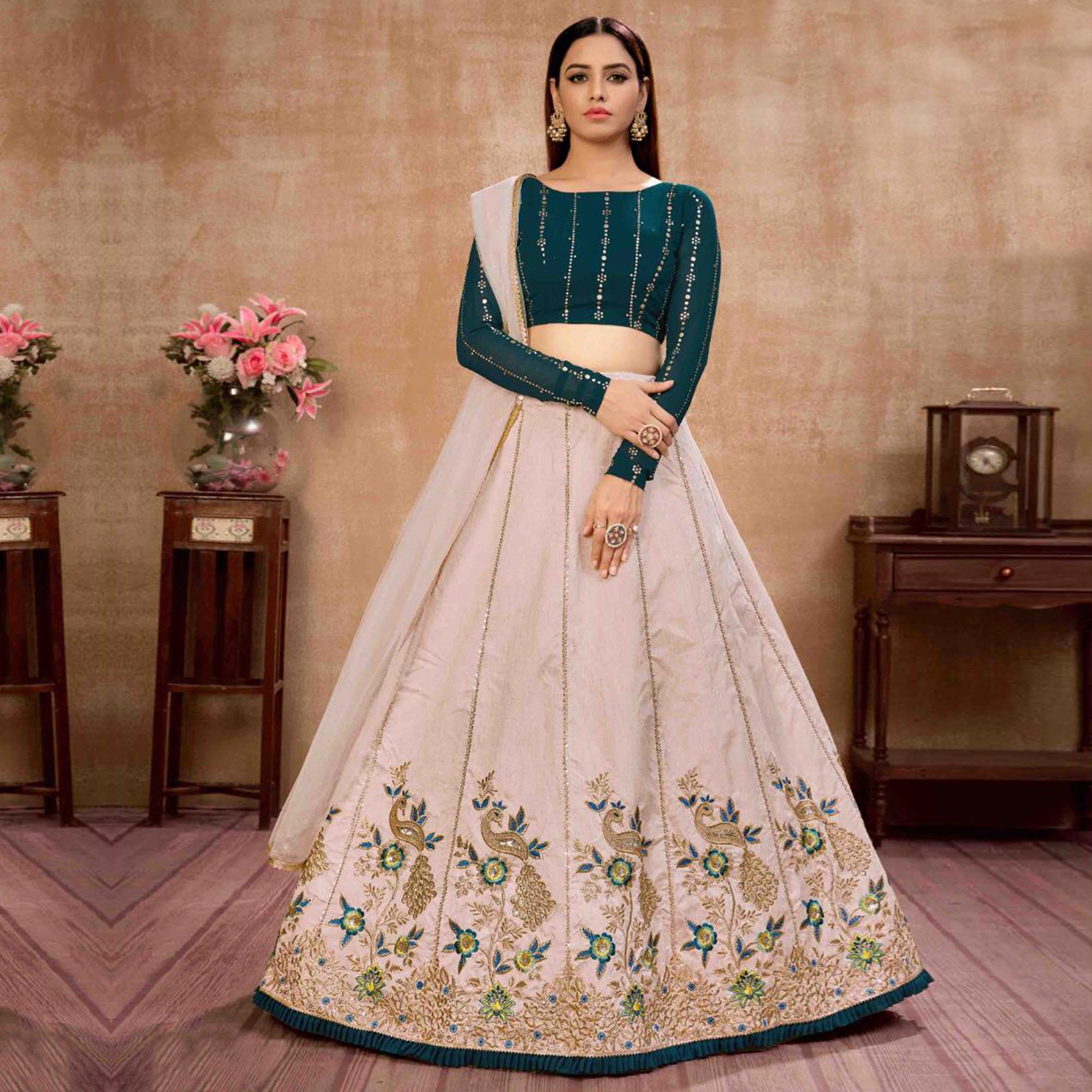 Amazing Beige-Green Colored Wedding Wear Thread & Embroidered Work Art Silk Lehenga Choli - Peachmode
