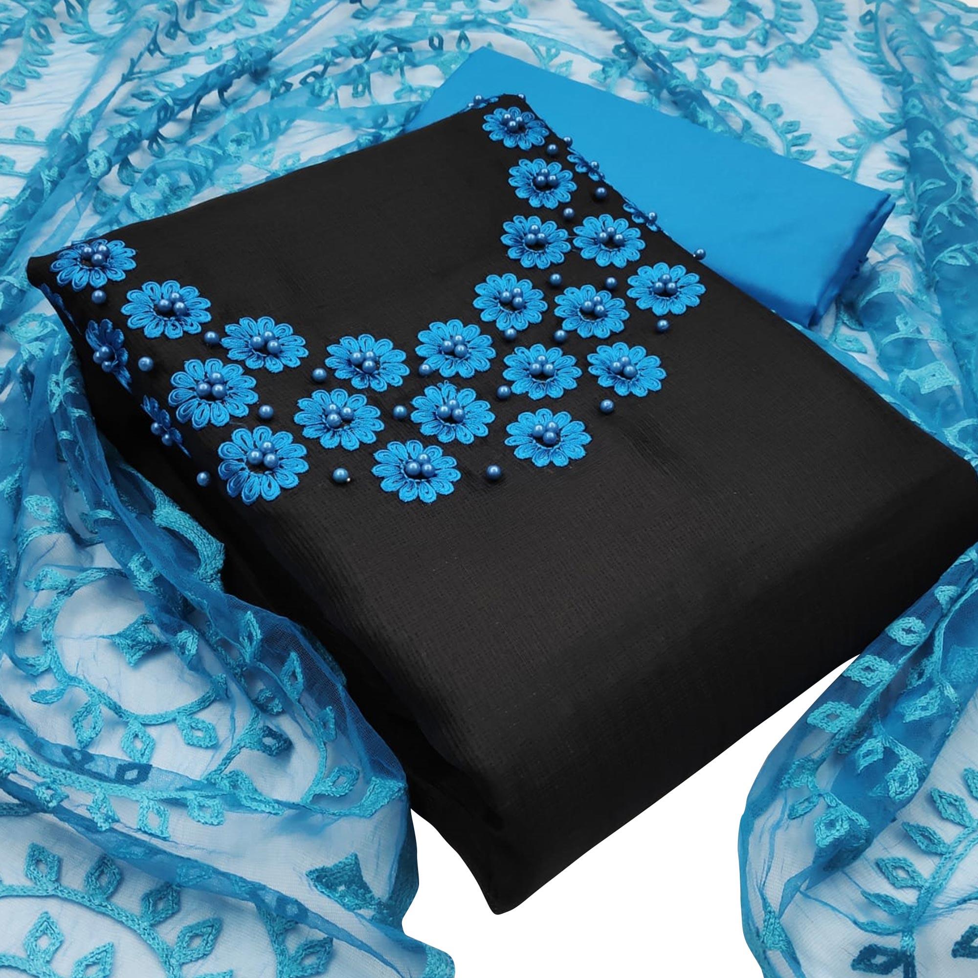 Amazing Black Colored Casual Wear Embroidered Kota Silk Dress Material - Peachmode