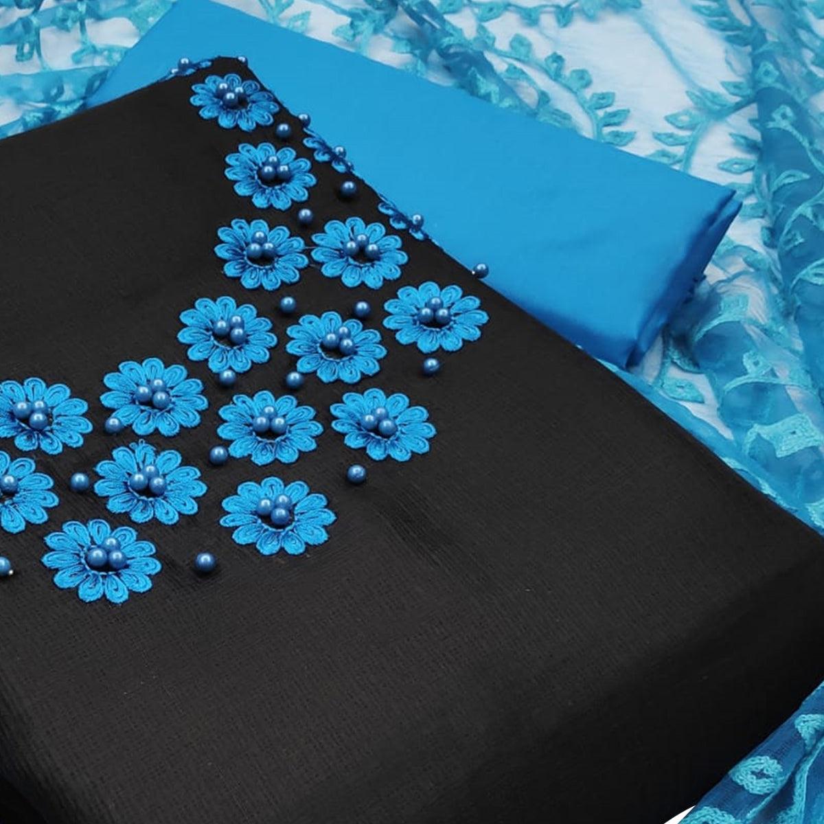 Amazing Black Colored Casual Wear Embroidered Kota Silk Dress Material - Peachmode