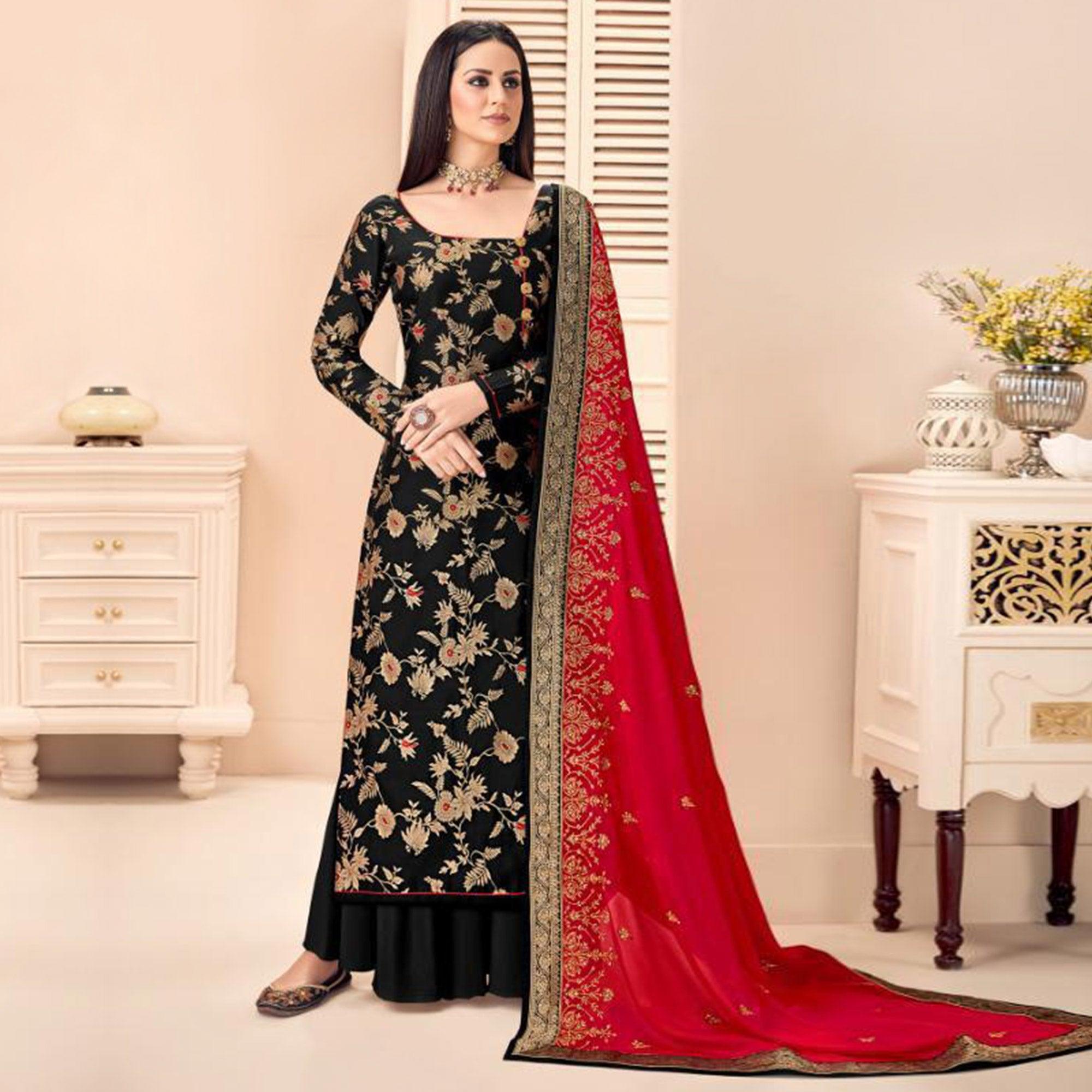Amazing Black Colored Partywear Floral Printed Jacquard Silk Palazzo Suit - Peachmode