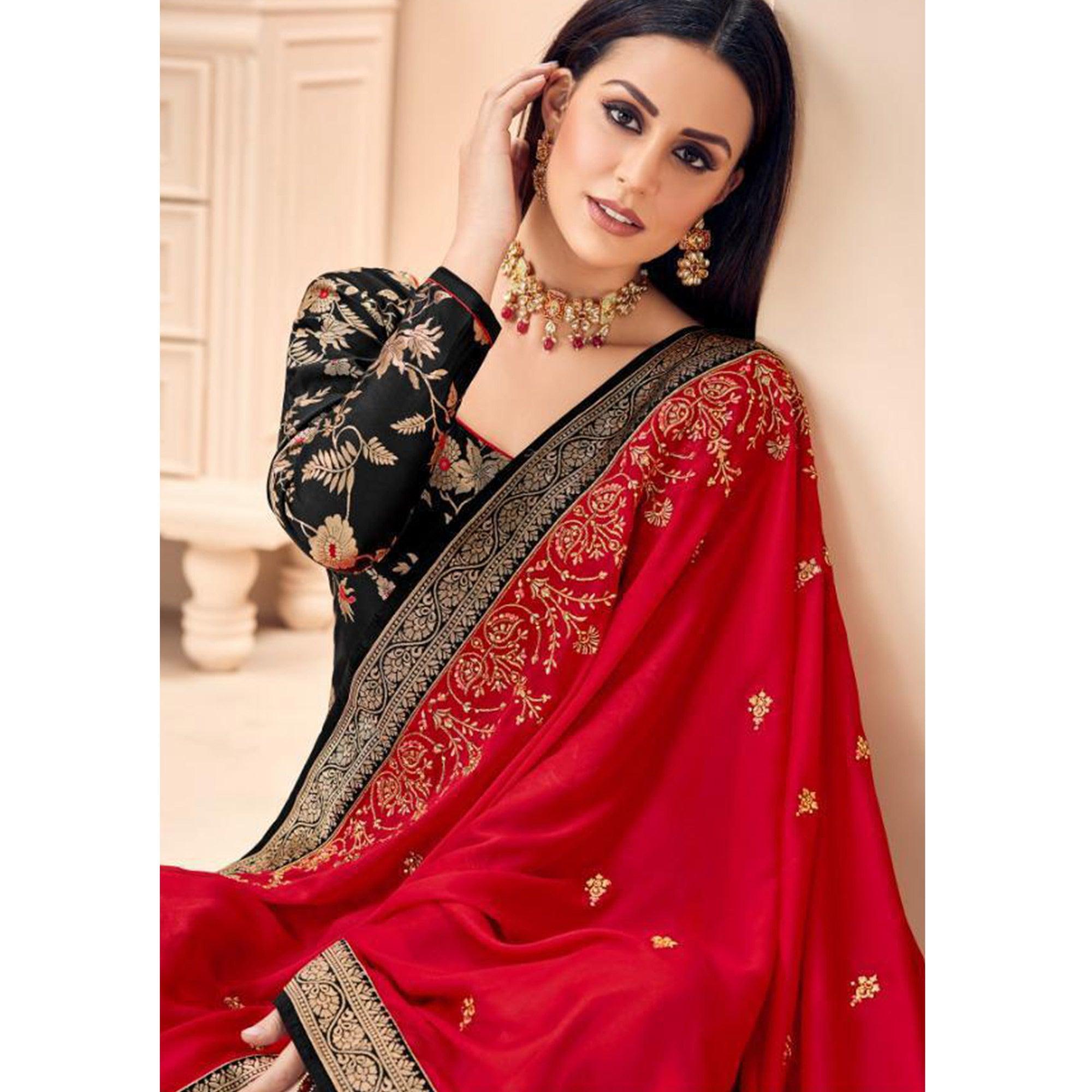 Amazing Black Colored Partywear Floral Printed Jacquard Silk Palazzo Suit - Peachmode