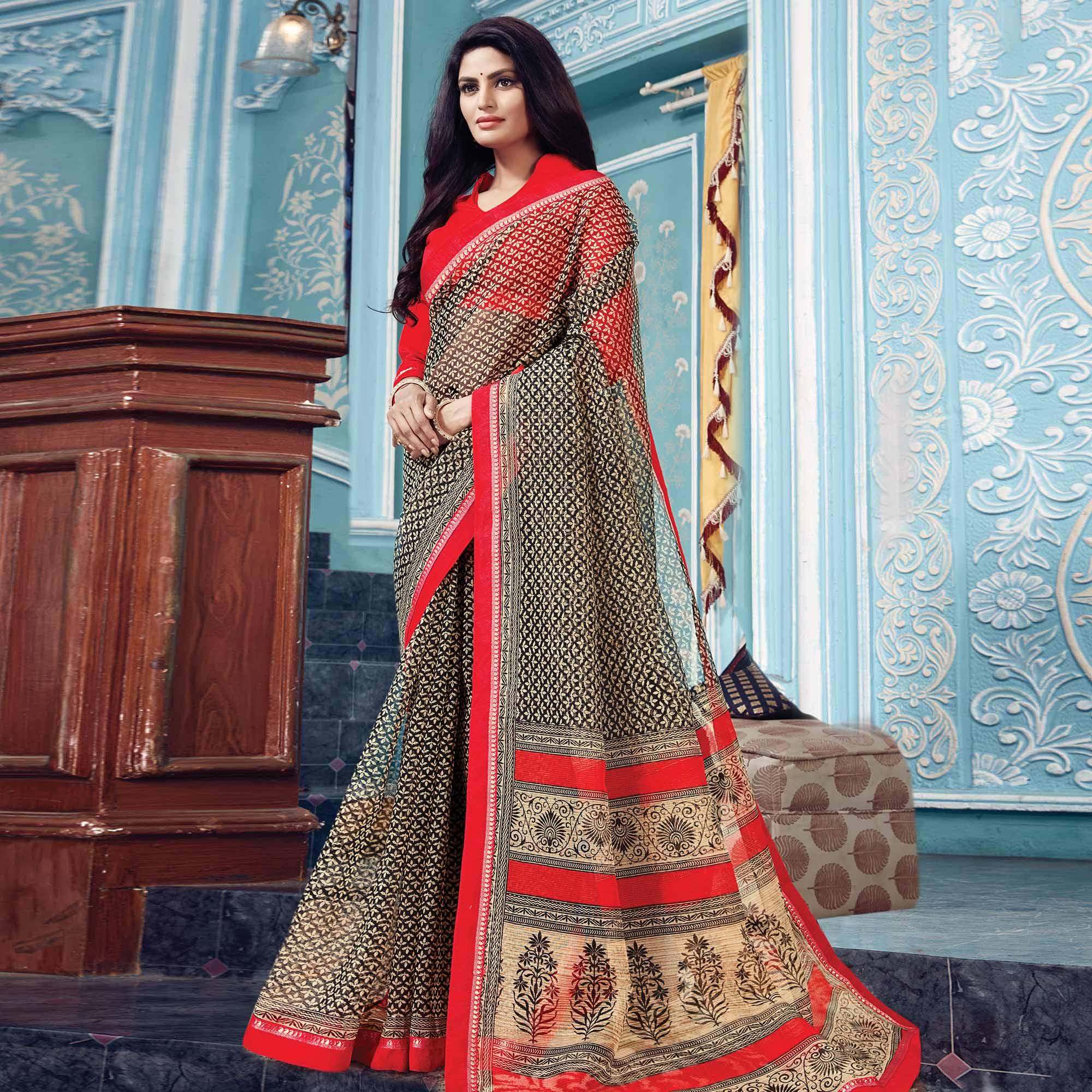 Amazing Black Colored Partywear Printed Silk Saree - Peachmode
