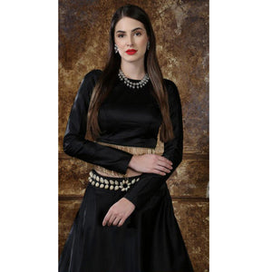 Amazing Black Colored Partywear Tapetta-Satin Lehenga Choli - Peachmode